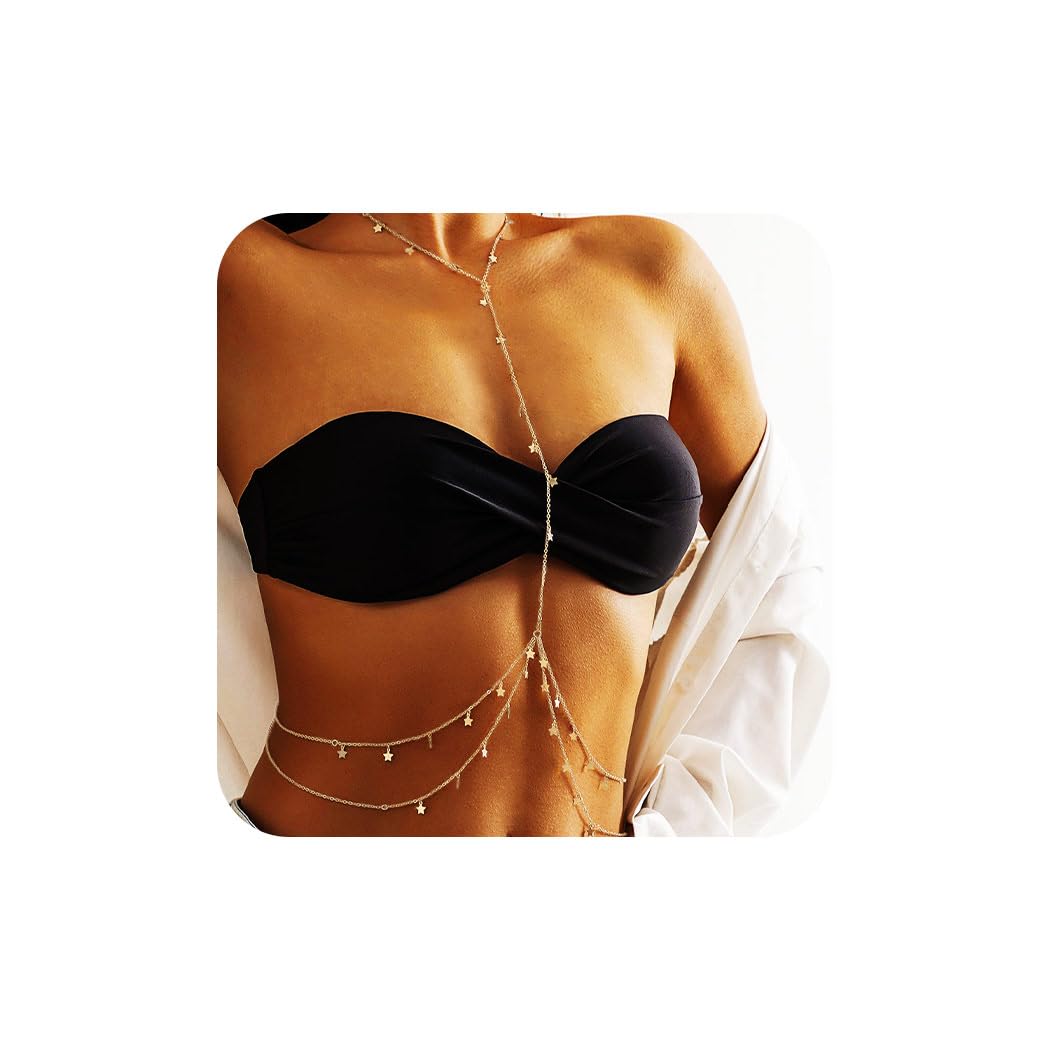 Bounzhi Gold Sexy Body Chain - Crossover Thin Bra Bikini Waist Belly Jewelry for Women | Elegant Star Body Chains for Beach, Pool Parties & Romantic Nights - B-100