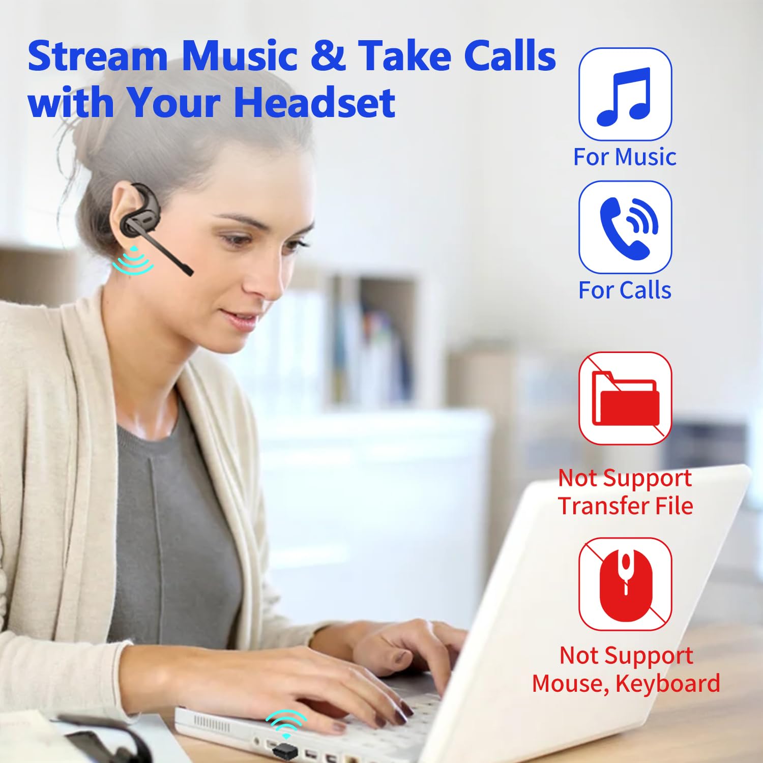iDIGMALL A2 Open Ear Bluetooth Headset with U2 USB Dongle - Wireless Earbuds with Noise Canceling Detachable Mic & 60H Charging Case for Office, Home, Work, Driving - Perfect for Conference Calls, Remote Work & Commuting