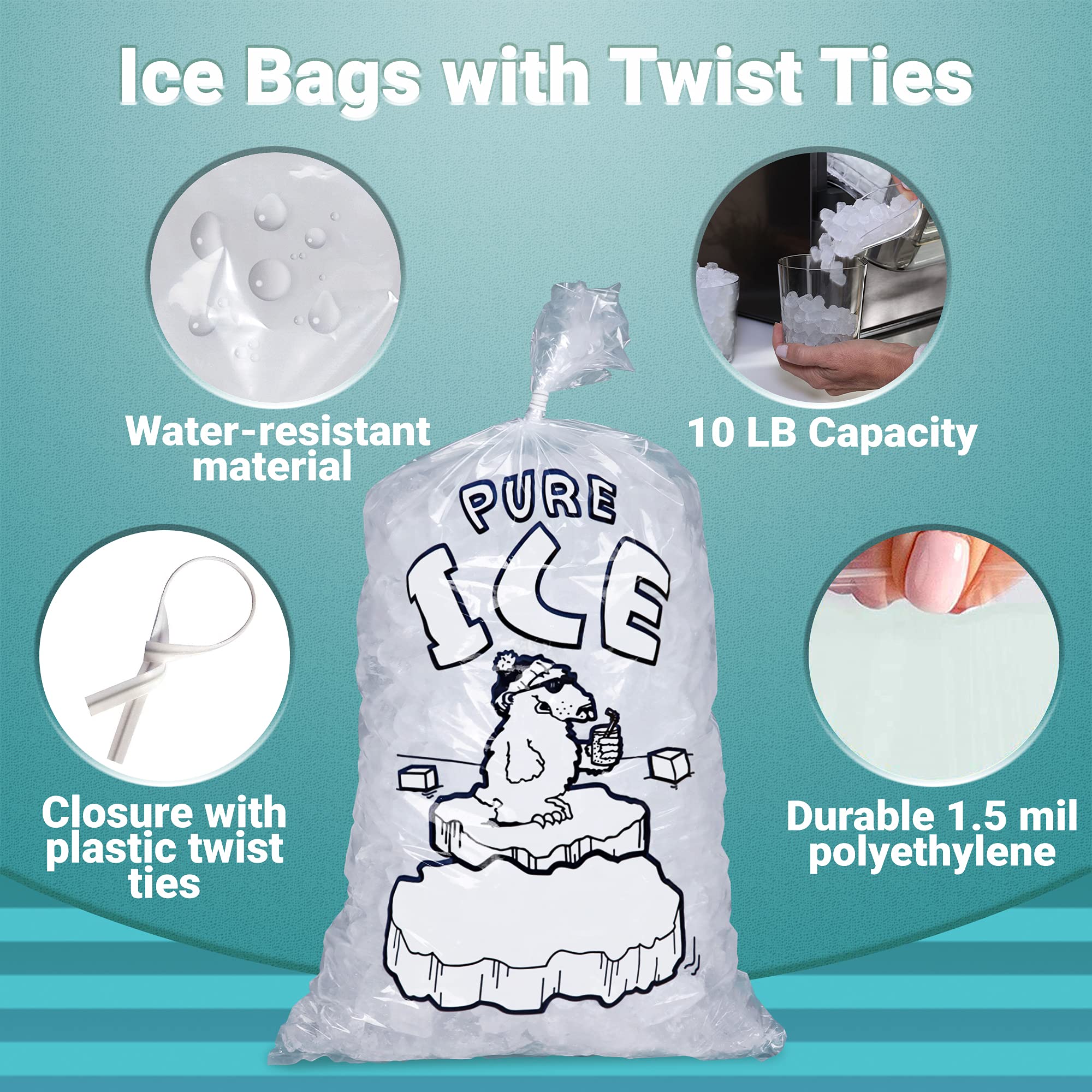 APQ 1000 Pack 11x22 Inch Plain Top Ice Bags with Twist Ties - 1.5 Mil Thick BPA Free Food Grade Safe Plastic - Perfect for Party Drinks, Commercial Ice Storage & Food Preservation
