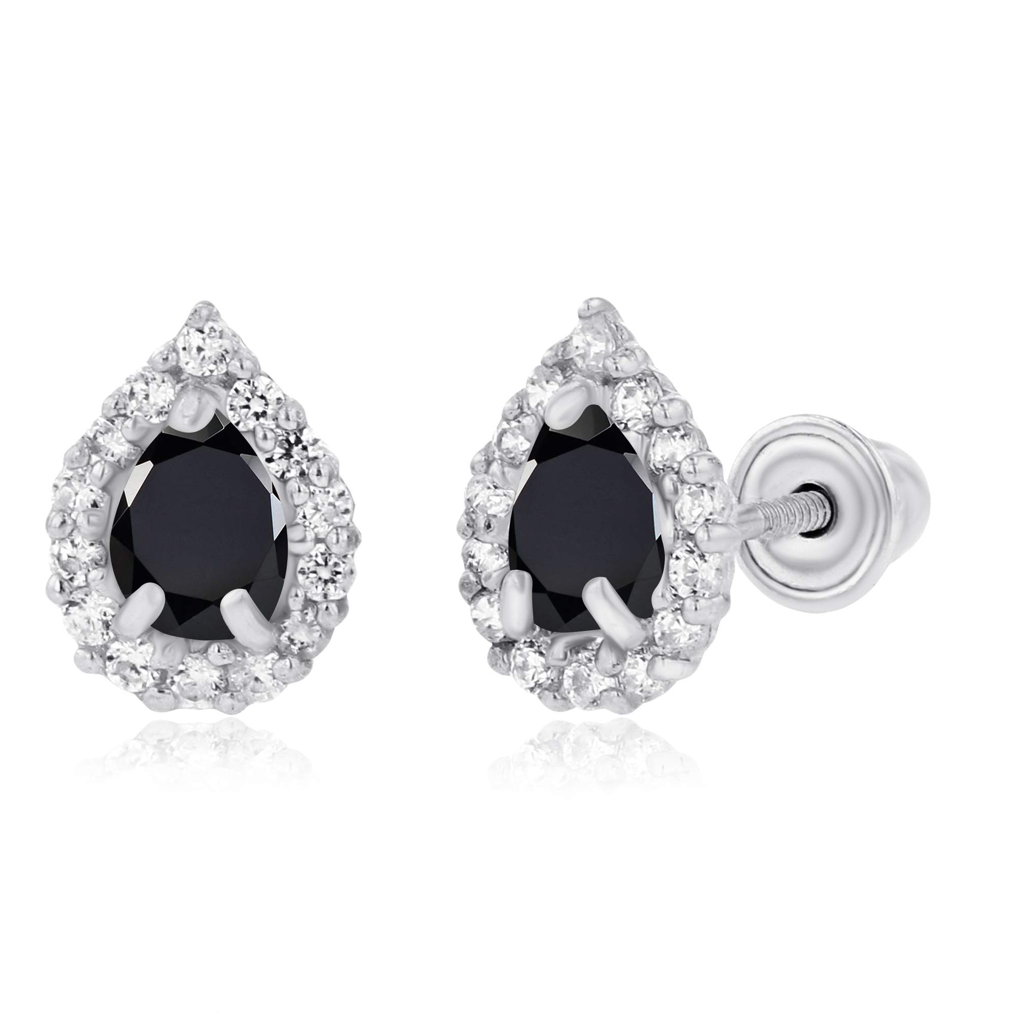 14K Solid Gold Pear Shaped Natural Birthstone Screwback Stud Earrings for Women | 7x5mm & 4x3mm Pear Cut Earrings | 1mm Created White Sapphire Halo Earrings | Perfect for Everyday Wear, Gifts & Special Occasions
