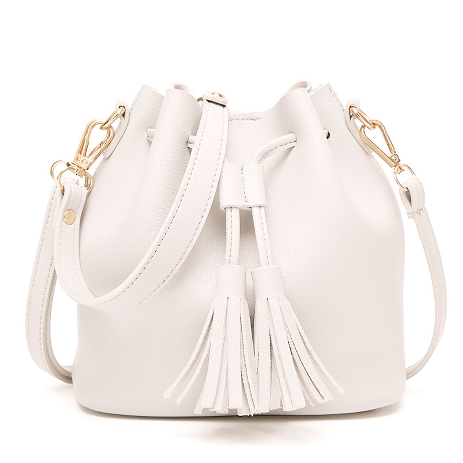 WANZPITS Women's Tassel Bucket Bag - Stylish Drawstring Handbag & Shoulder Purse with Wallet Function - Perfect for Daily Use, Shopping & Travel (White)