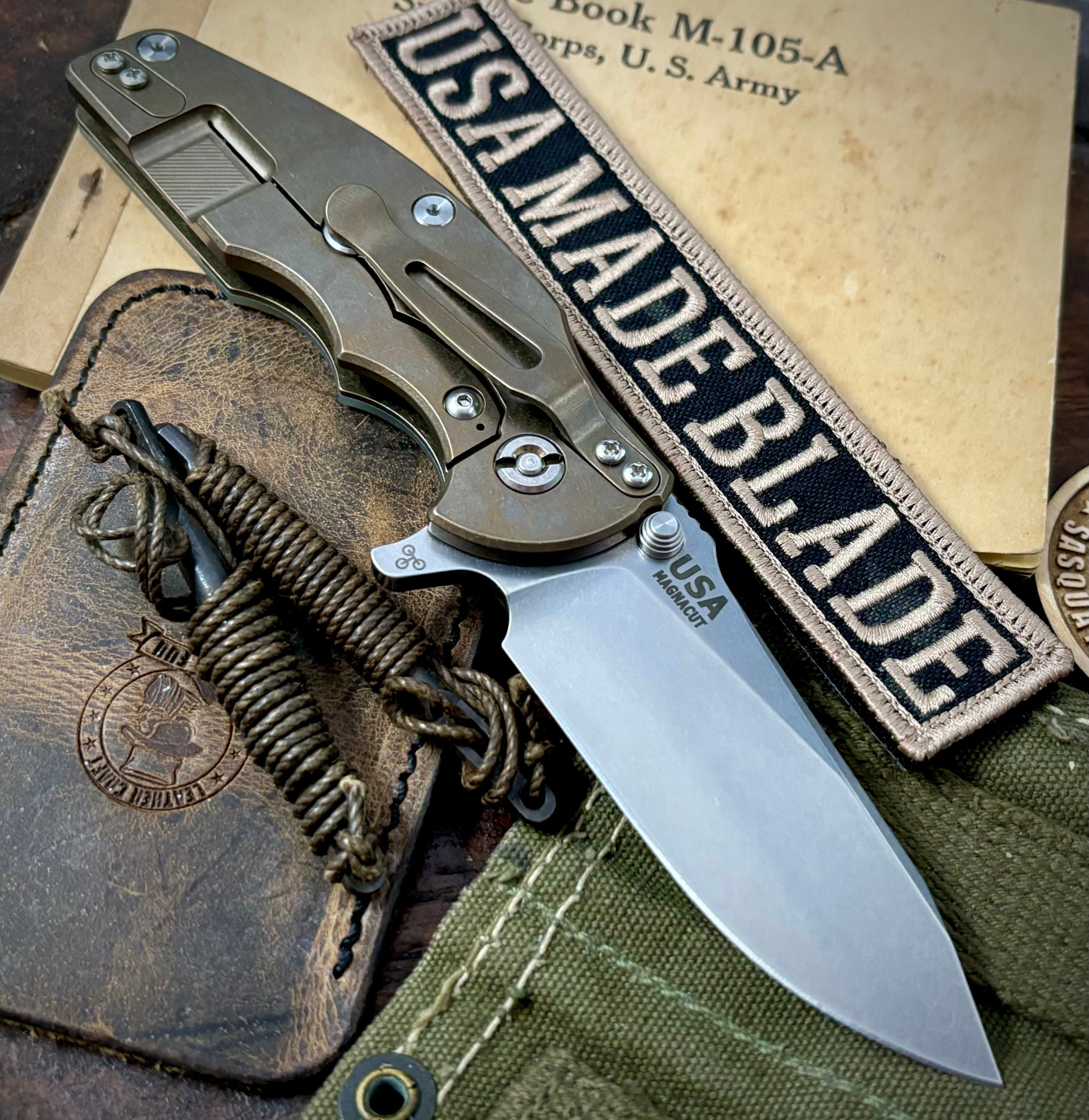 Hinderer Jurassic Hollow Ground Slicer Knife - Coyote G10 Handle with Bronze Titanium Accents - Magnacut Stonewashed Blade - Perfect for Camping, Hunting & Outdoor Survival