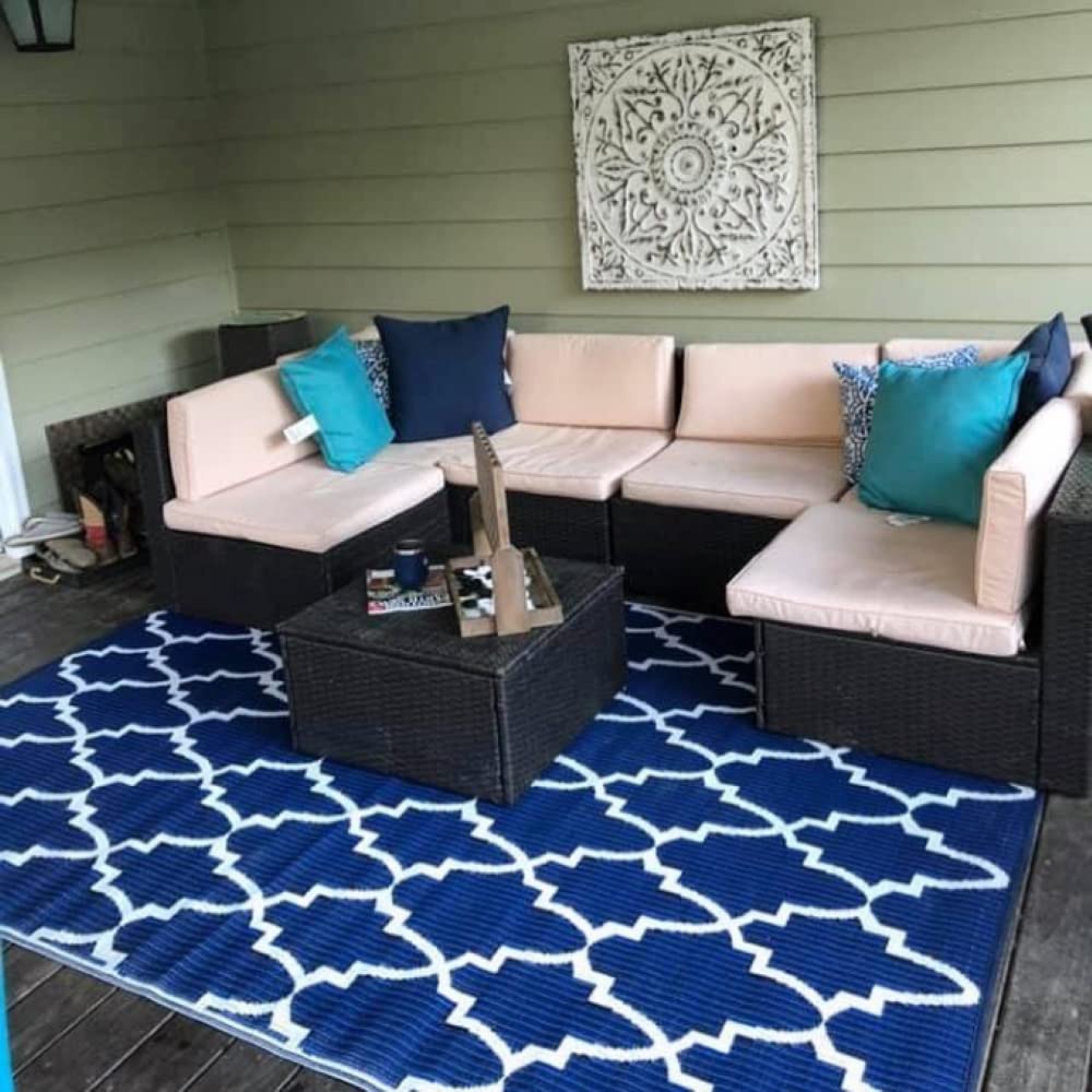 Mad Mats Geometric Outdoor Rug - Reversible Plastic Mat 6x9 Feet, Casa Blanca Blue/White - Perfect for Patio, Deck, Poolside & Backyard Decor