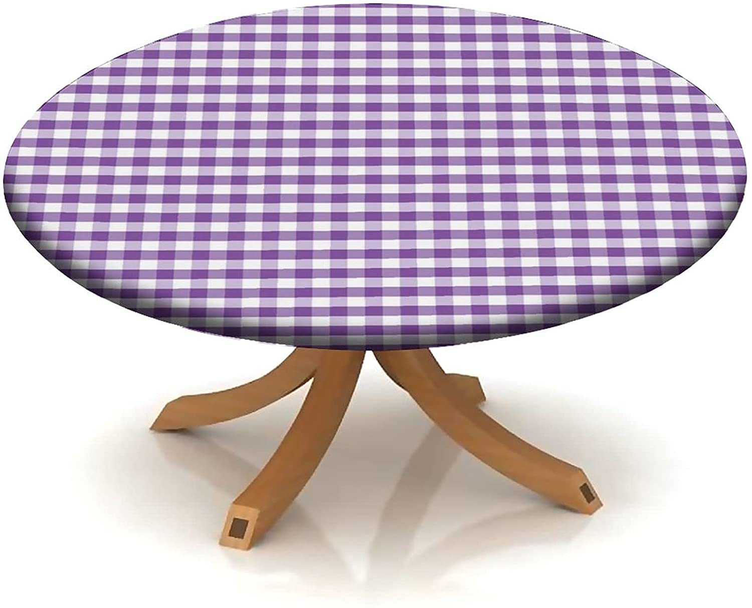 Purple and White Buffalo Check Checkered Round Fitted Tablecloth - 60 Inch Elastic Edge Gingham Table Cover - Waterproof Polyester Fabric for Indoor Outdoor Dining - Perfect for Buffet Parties, Picnics, and Holiday Decorations