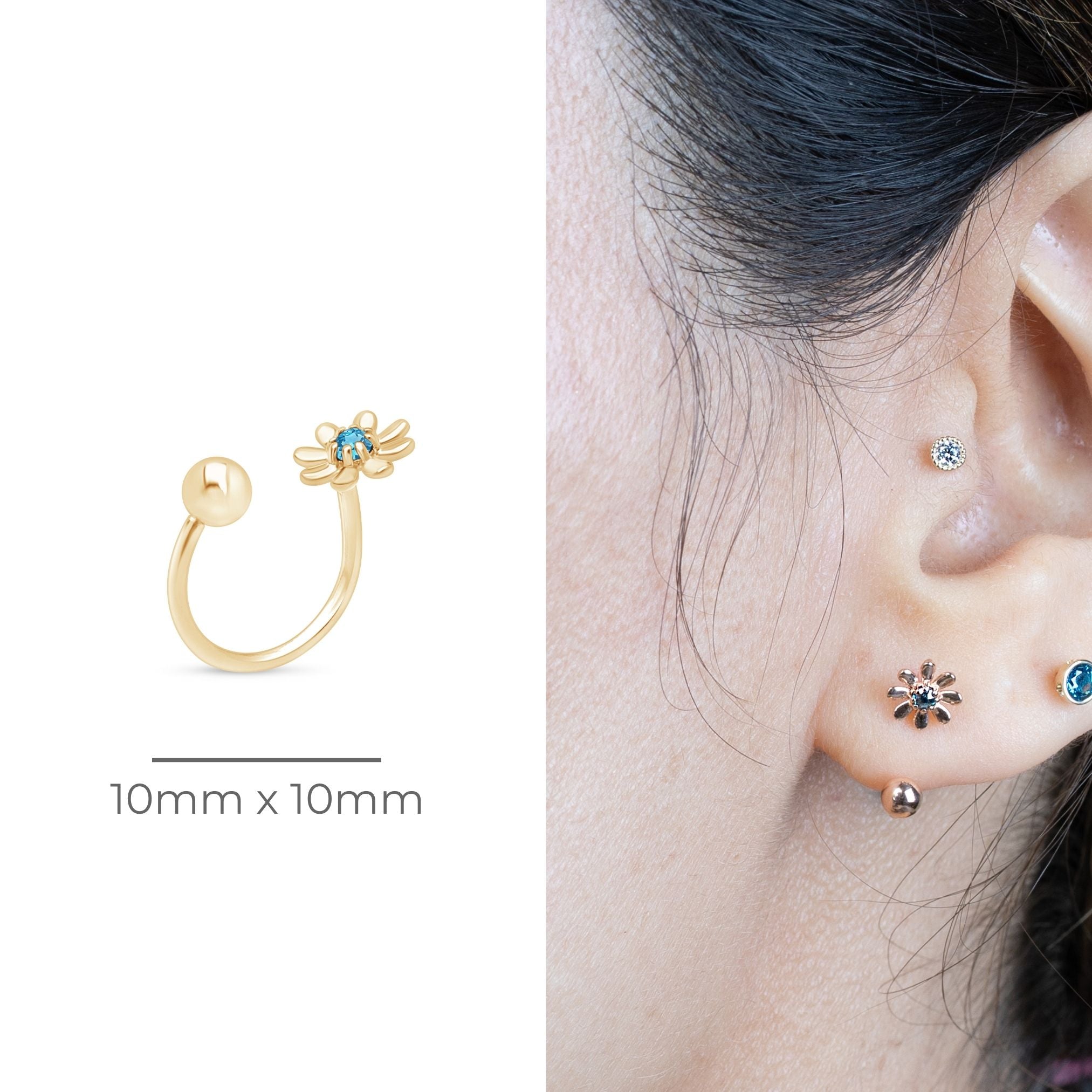 14k Rose Gold Reversible Huggie Hoop Earrings - Blue Diamond Flower & Ball Design for Women | Perfect for Weddings, Date Nights & Everyday Wear