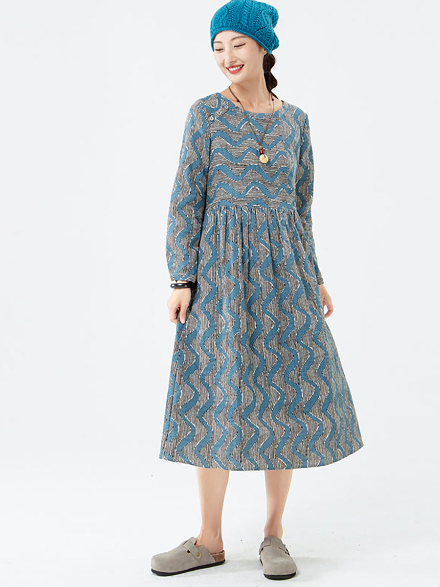 Plus Size Women's Cotton Striped Long Sleeve Dress with Pockets - Casual Office Wear & Fall Fashion