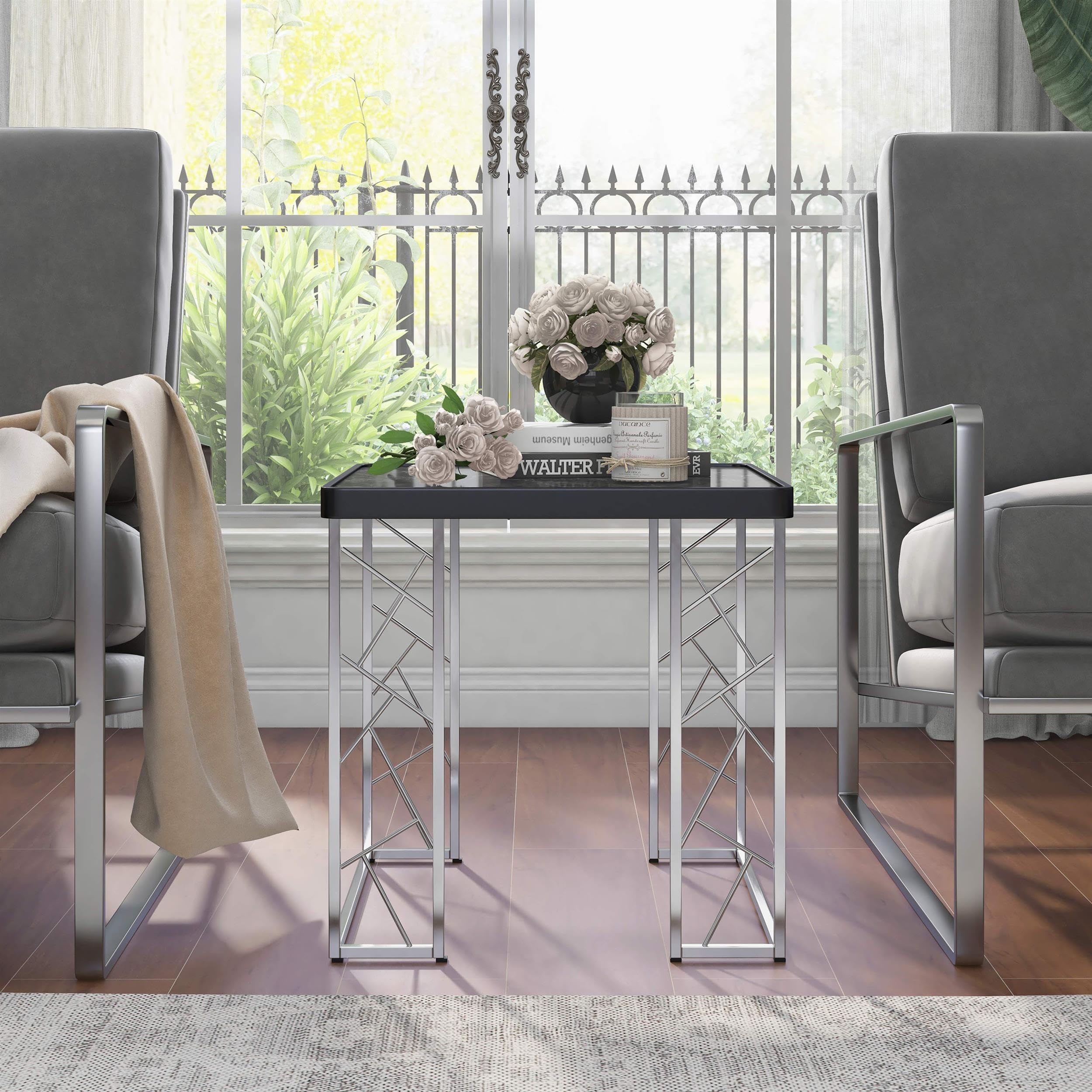 Furniture of America Stefano Modern Metal End Table - Black & Chrome Finish | Stylish Nightstand for Living Room, Bedroom & Office