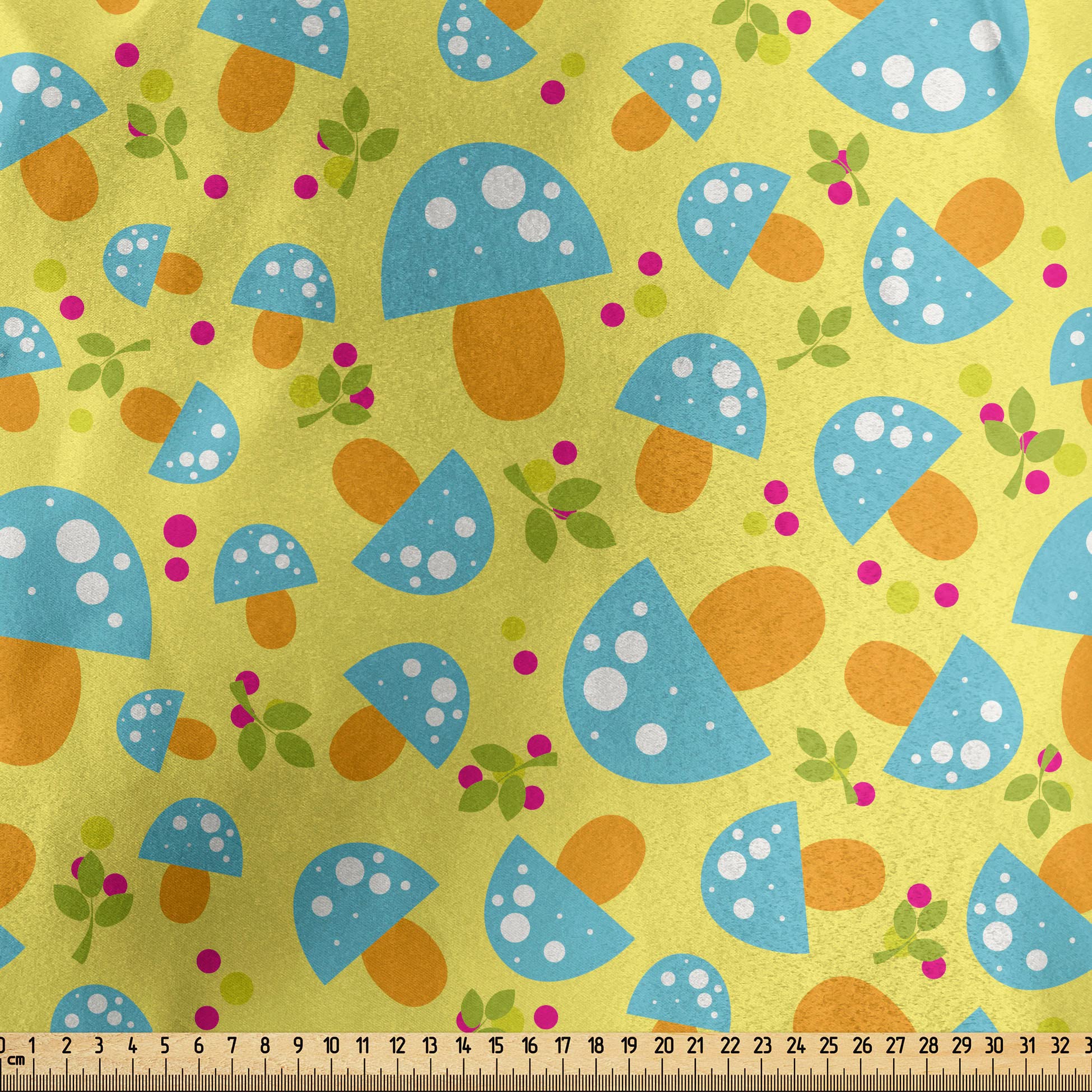 Ambesonne Mushroom Fabric - Woodland Cartoon Blue Mushrooms on Yellow, 1 Yard for Home Decor & Crafts
