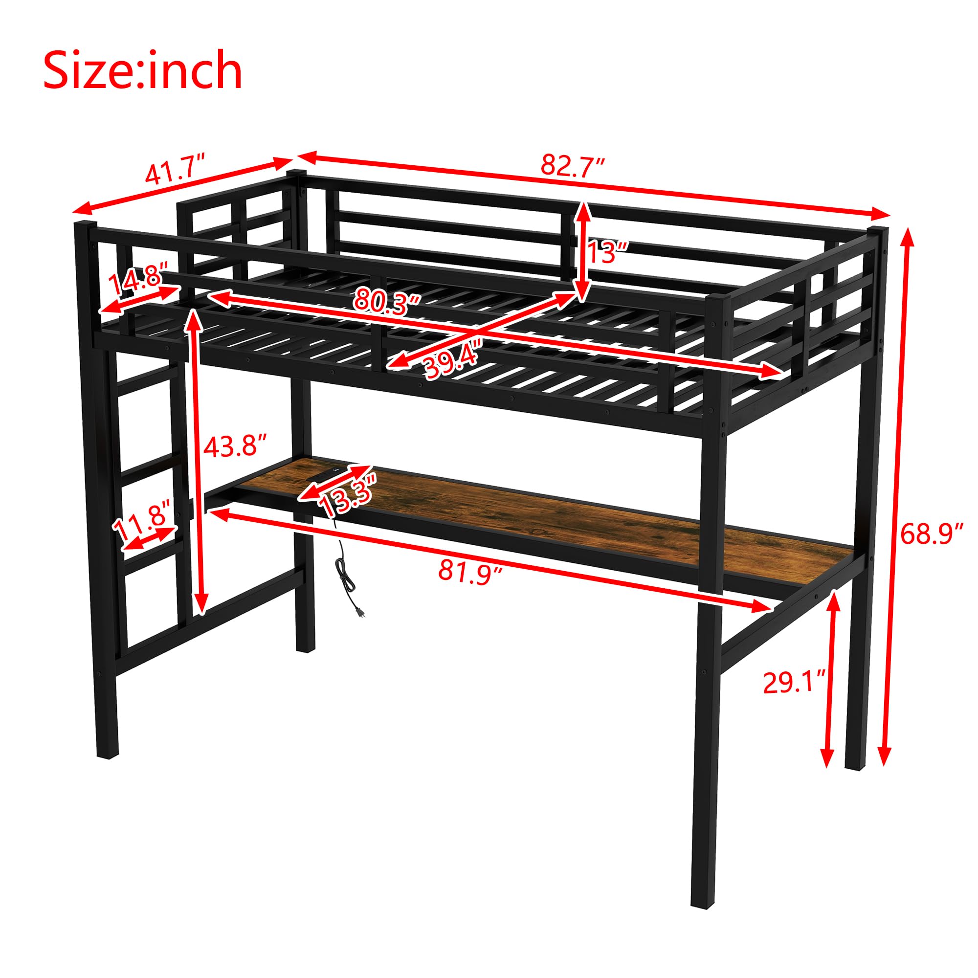 Bellemave Twin XL Loft Bed with Desk - Sturdy Metal Frame for Adults, Kids & Teens - Space-Saving Black Loft Bed for Small Rooms, Dorms & Apartments - Perfect Study & Sleep Solution