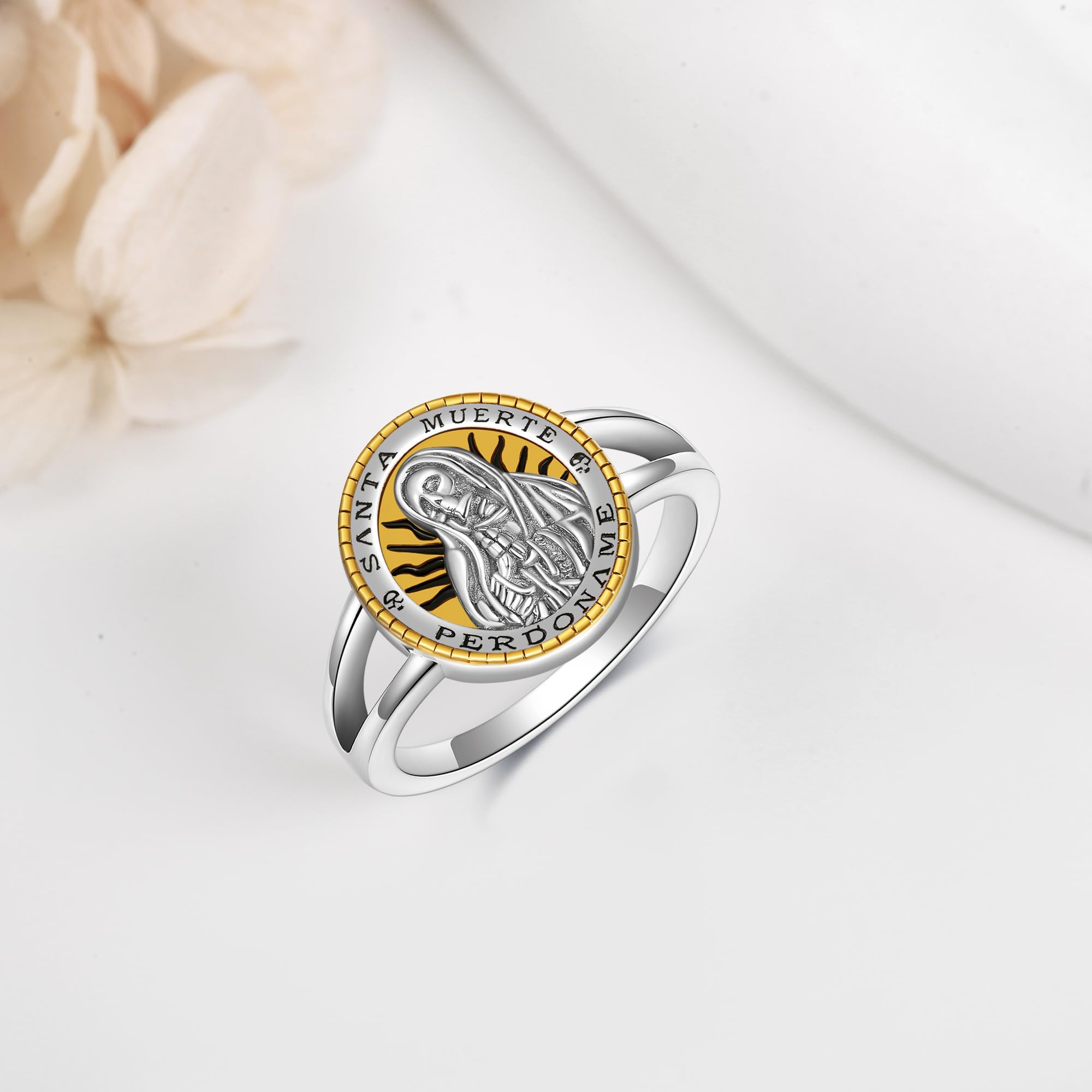 YAFEINI Santa Muerte Rings - 925 Sterling Silver Gothic Jewelry with Rosary Charm for Women | Perfect for Day of the Dead, Witchy Aesthetic & Alternative Fashion