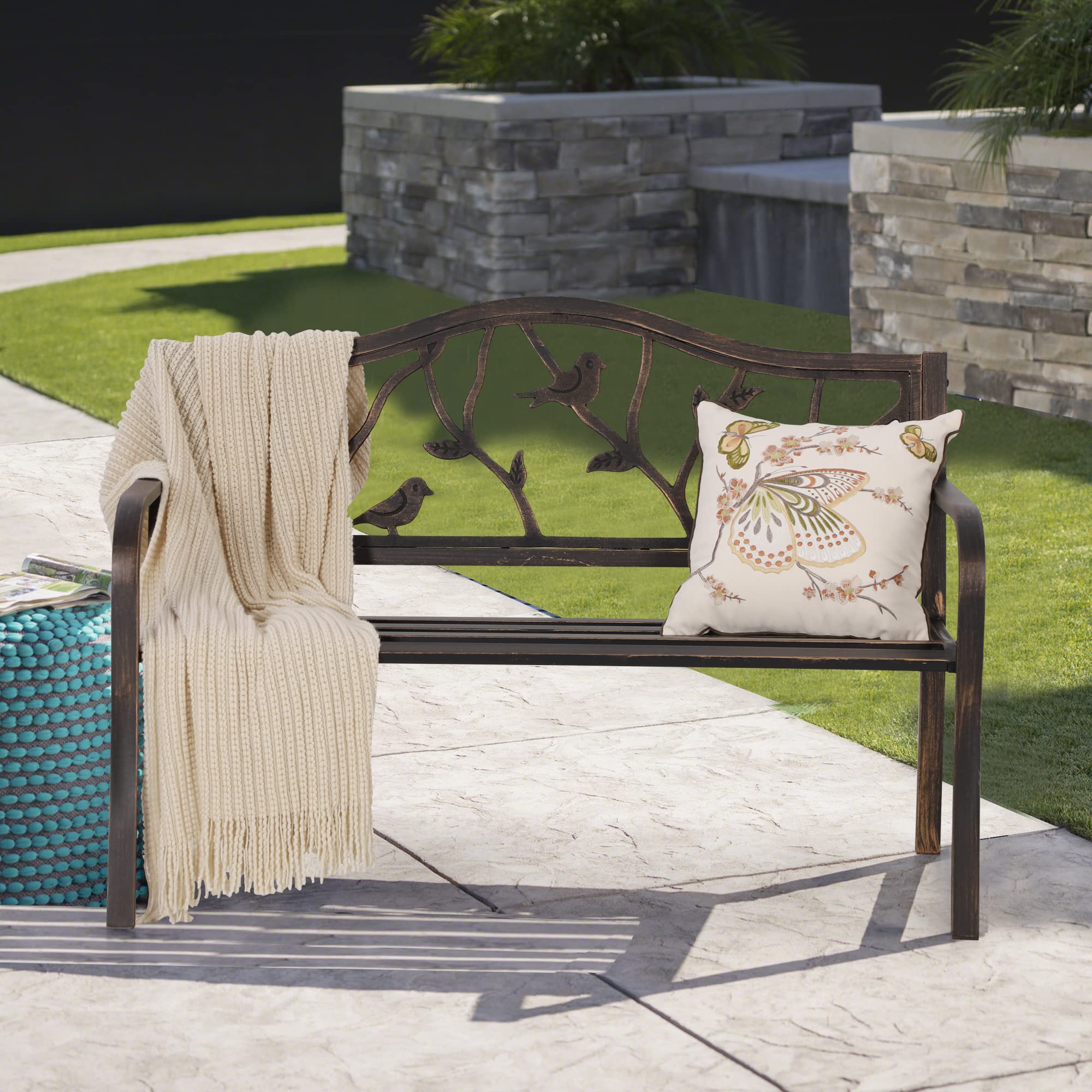 Sophia & William Wrought Iron Outdoor Bench with Backrest & Armrests - Patio, Porch, Garden Seating Furniture in Bronze Finish for Relaxing Outdoors