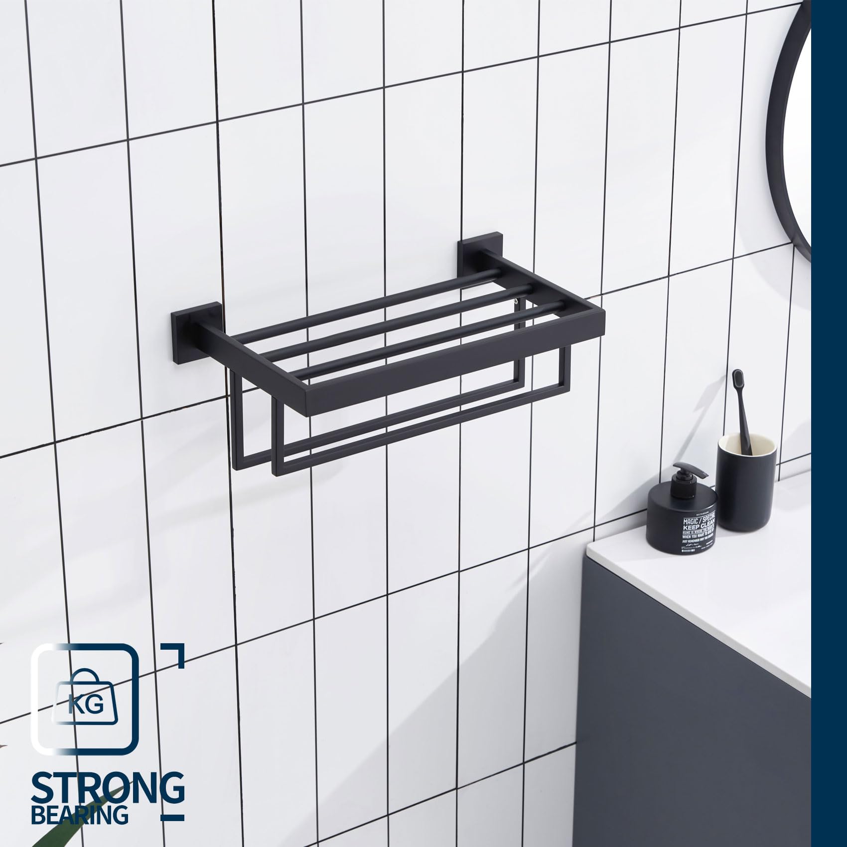 KOKOSIRI Matte Black Towel Rack 16 Inch - Double Towel Bars Bathroom Shelf, SUS304 Stainless Steel Wall Mounted Towel Holder for Bath, Kitchen & Laundry Room - B6003BK-L16