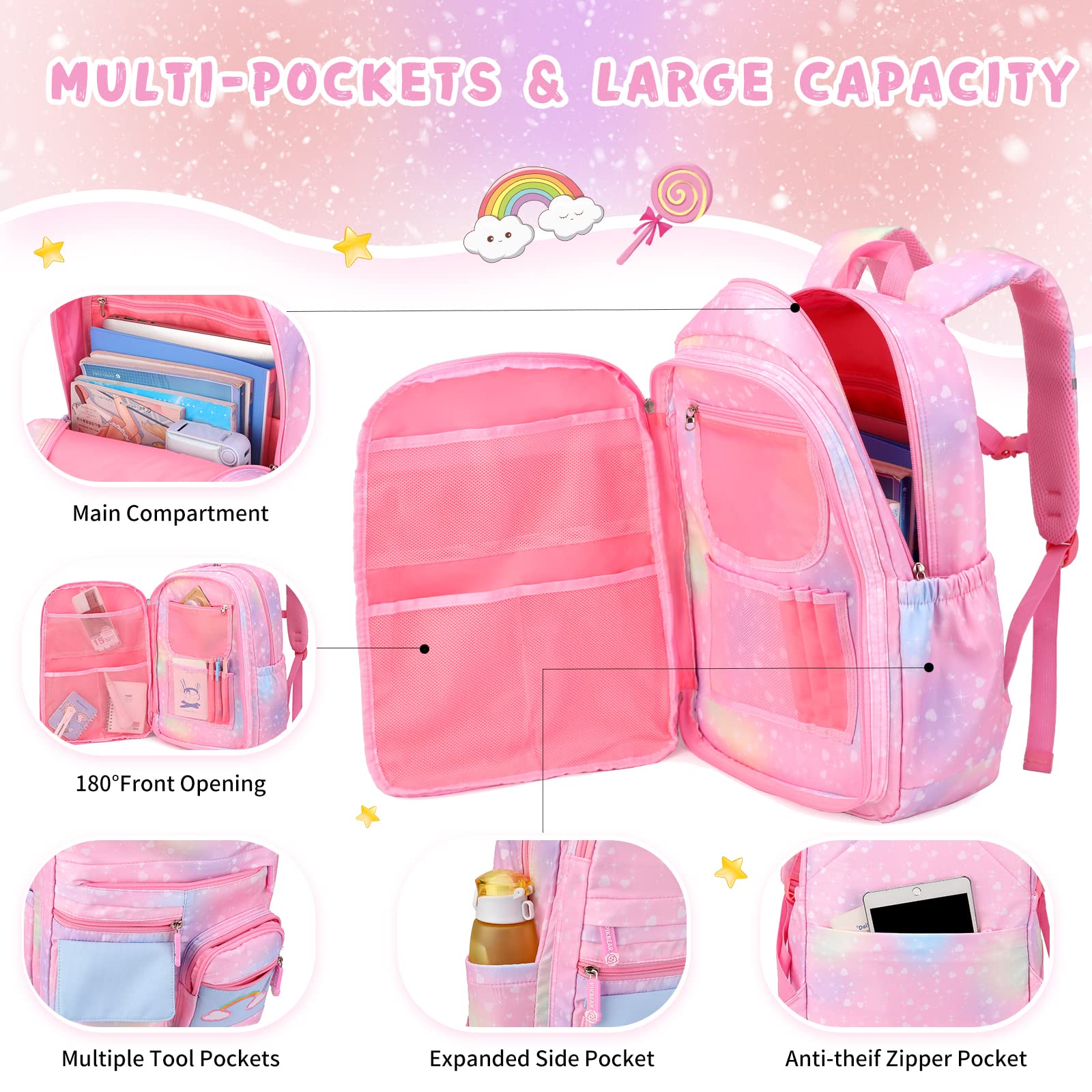 **Cute Galaxy Pink Backpack Set for Girls - 18 Inch School Bag with Lunch Box & Pencil Case - Perfect for Elementary, Middle & High School Students - Ideal for Daily School Use, Travel & Outdoor Activities**