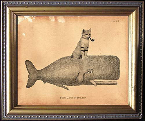 Vintage Sand Cat Riding Whale Collage Art Print - Semi-Matte Tea Stained Wall Decor | Unique Dog Lover Gift for Her, Novelty Present for Dog Moms | Perfect for Living Room, Bedroom or Office Decoration