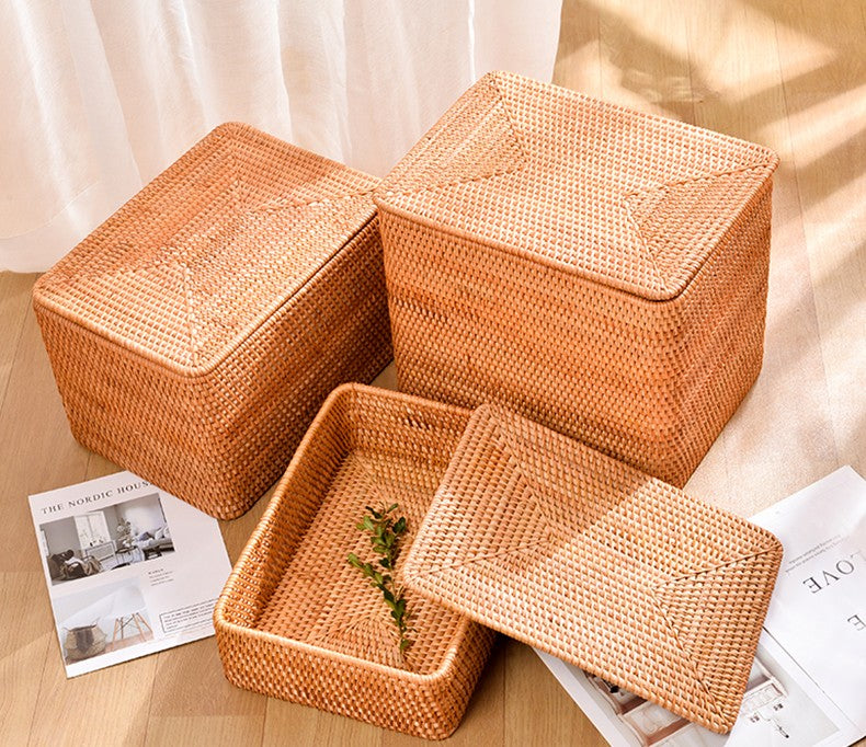 Extra Large Woven Rattan Storage Basket with Lid - Rectangular Organizer for Bedroom, Shelves & Home Decor - Perfect for Blankets, Toys & Closet Organization