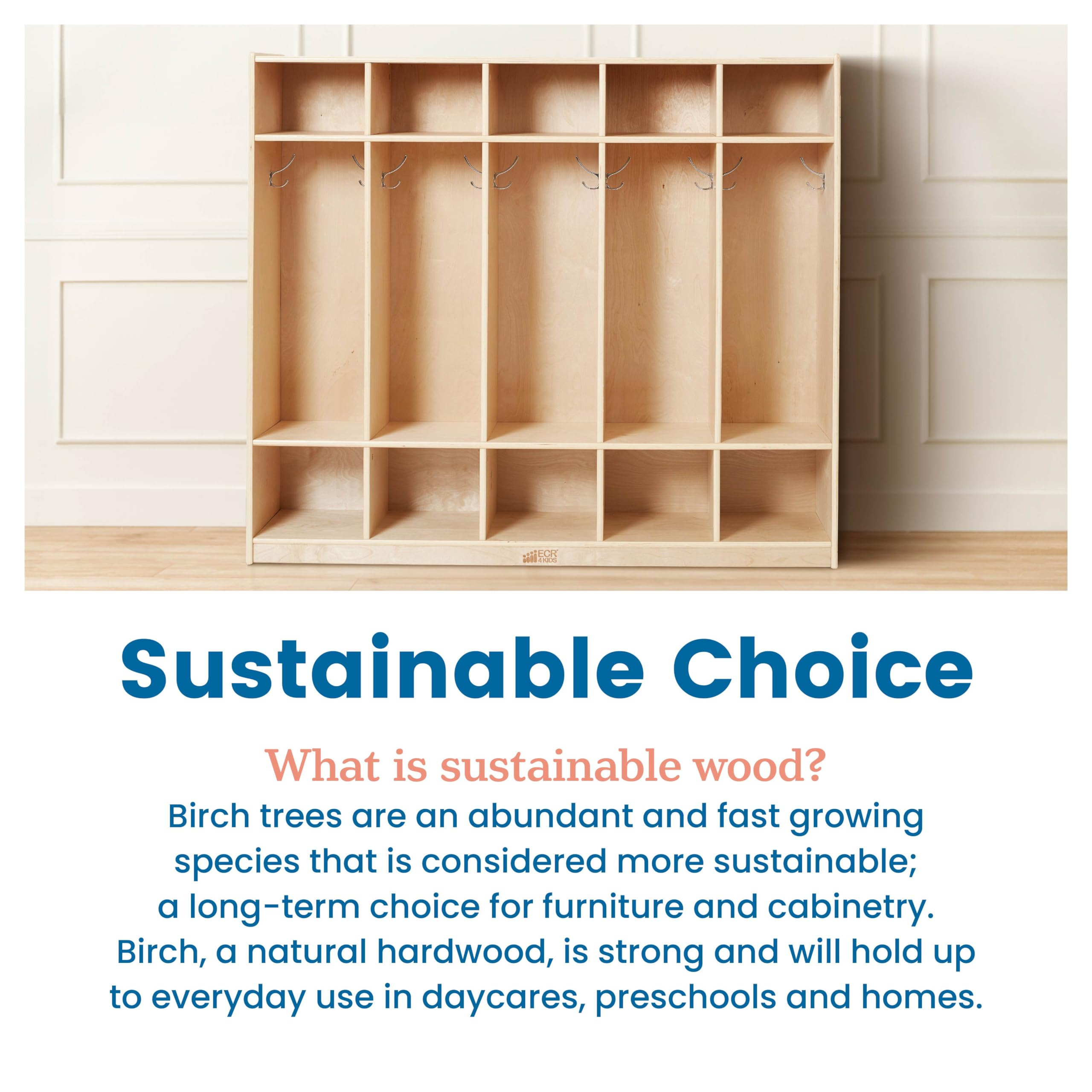 ECR4Kids 5-Section Straight Coat Locker - Natural Wood Classroom Storage Furniture for Jackets, Backpacks & School Supplies - Perfect for Preschools, Daycares & Elementary Schools