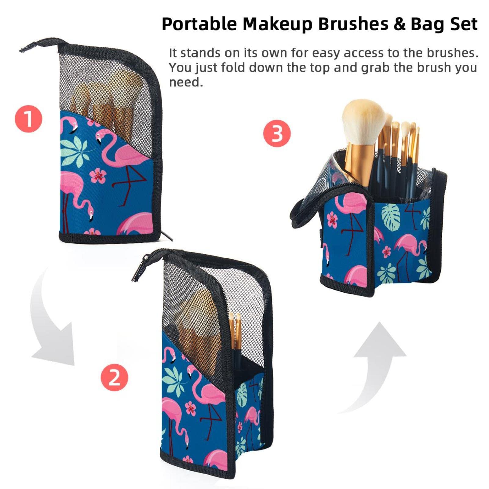 Premium 12-Piece Makeup Brush Organizer Bag - Flamingo Tropical Palm Leaf Design, Portable Cosmetic Brush Holder Case for Travel & Home Storage | Perfect for Makeup Artists & Beauty Enthusiasts