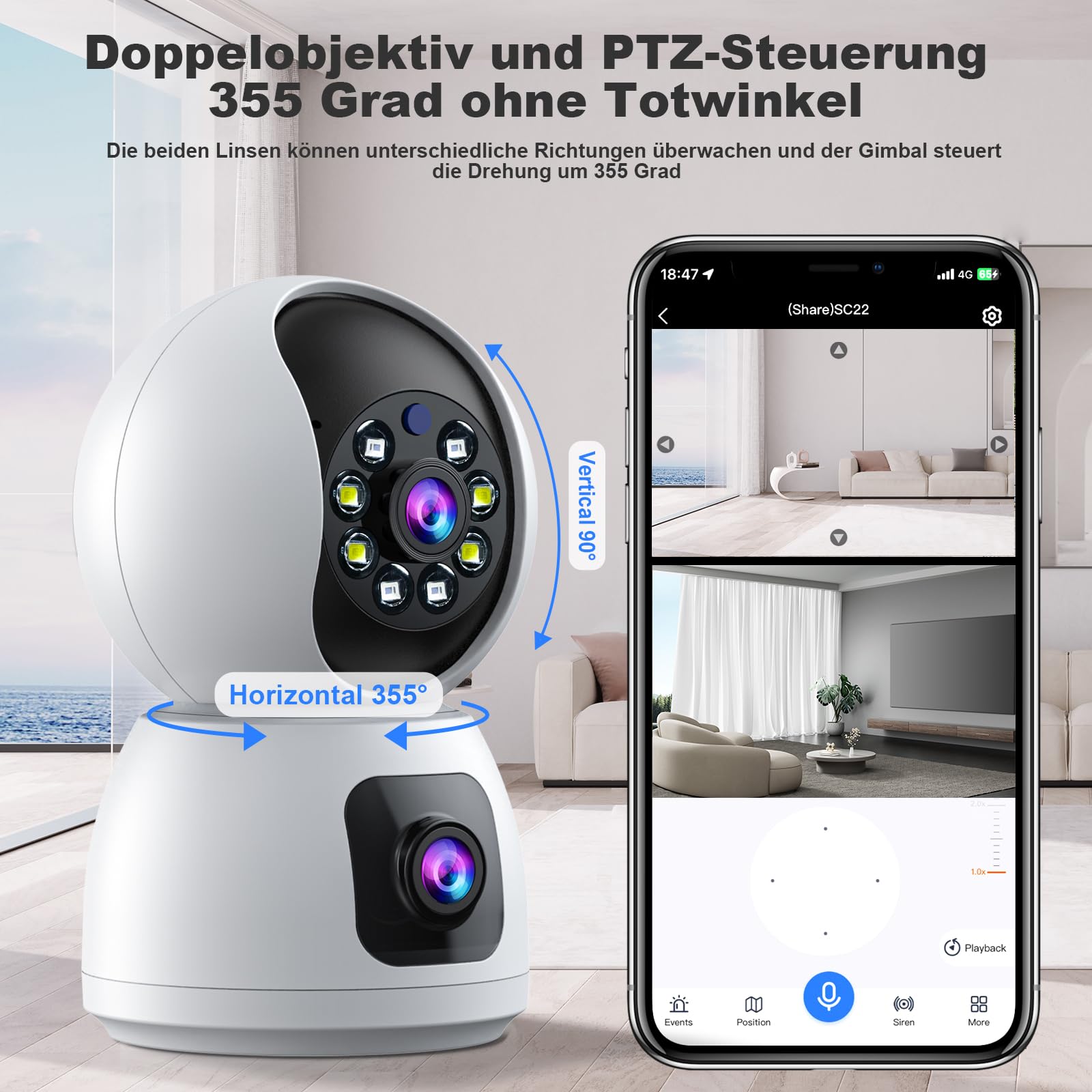 4MP Dual Lens Wireless Security Camera Indoor - 2.4GHz WiFi Home Surveillance System with Motion Tracking, Color Night Vision & Two-Way Audio - Ideal for Home Security, Baby Monitor & Pet Camera