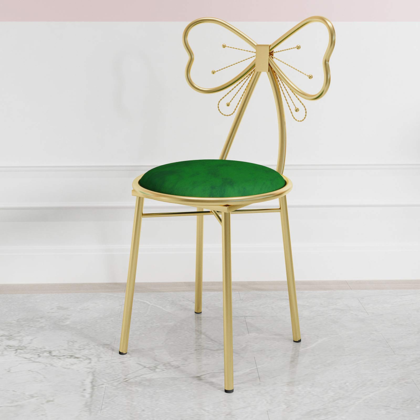 Golden Backrest Makeup Vanity Chair with Butterfly Bowknot - Flannel Upholstered Dining & Reading Chair for Girls Bedroom (82cm, Green) - Perfect for Dressing Tables, Study Desks & Home Decor