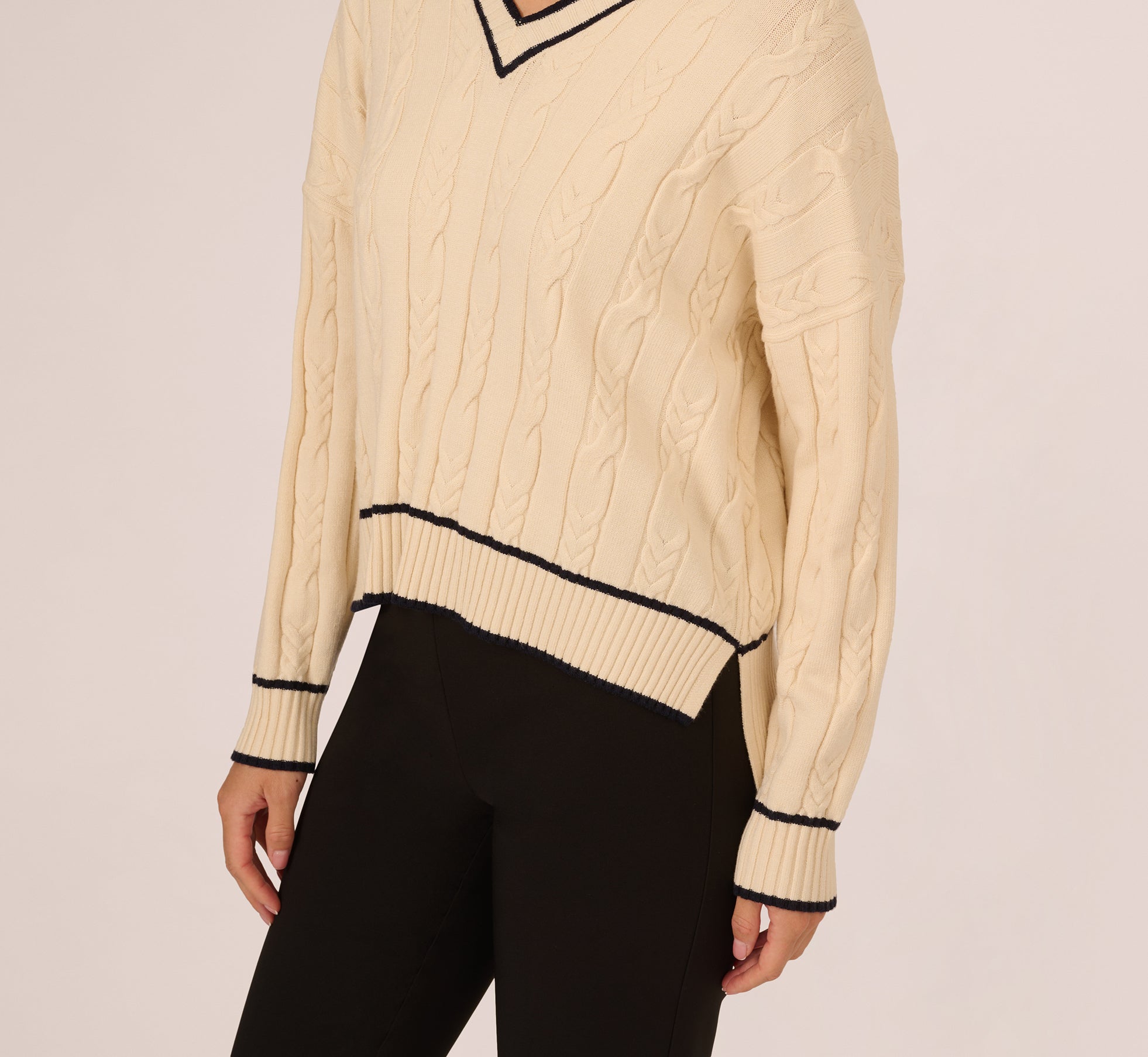 Cream & Blue Moon V-Neck High-Low Cable Knit Sweater for Women | Cozy Winter Pullover | Perfect for Casual Outfits & Holiday Gatherings