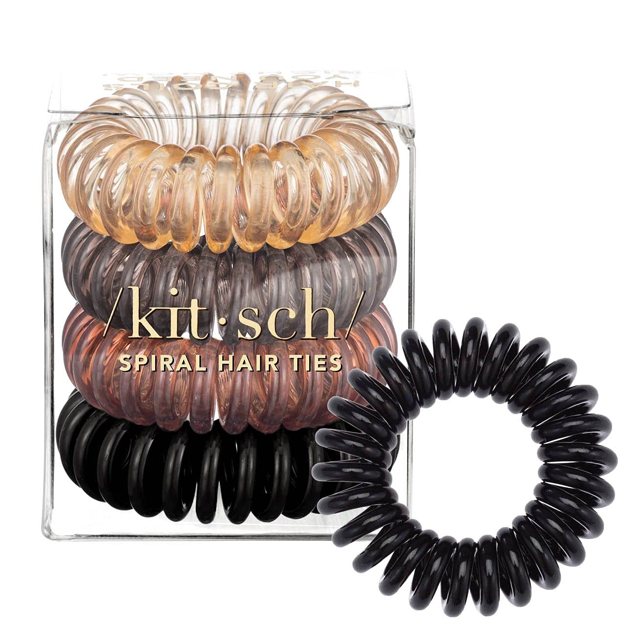 Kitsch Spiral Hair Ties for Women - No Damage Creaseless Hair Bands, Soft Phone Cord Coils for Ponytails & Buns - Flexible Plastic Hair Ties (4 Pack, Brunette) - Perfect for Workouts, Office & Everyday Hairstyles