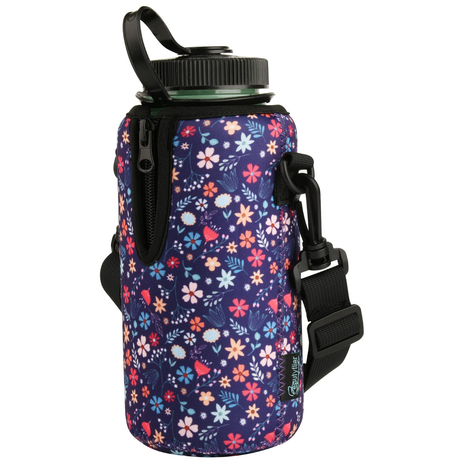 Beautyflier Neoprene Water Bottle Sleeve Insulator Cooler for 32oz Bottles - Compatible with Nalgene, Hydro Flask Wide Mouth & More - Adjustable Shoulder Strap - Blue Floral Design - Perfect for Hiking, Gym & Outdoor Activities