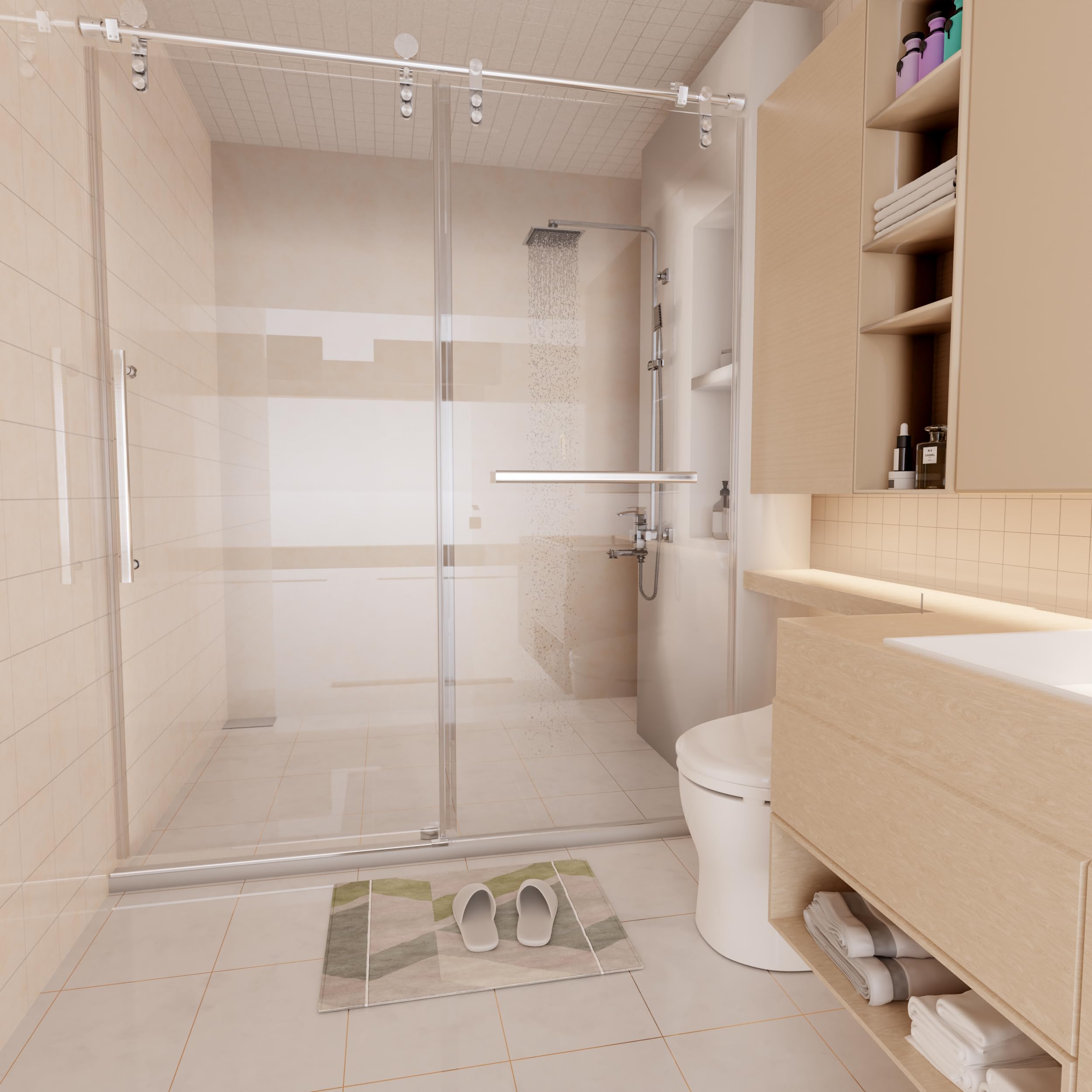 Gotland Frameless Shower Door 56-60 Inch Wide x 76 Inch Tall, Sliding Glass Shower Enclosure with Stainless Steel Handle, 5/16