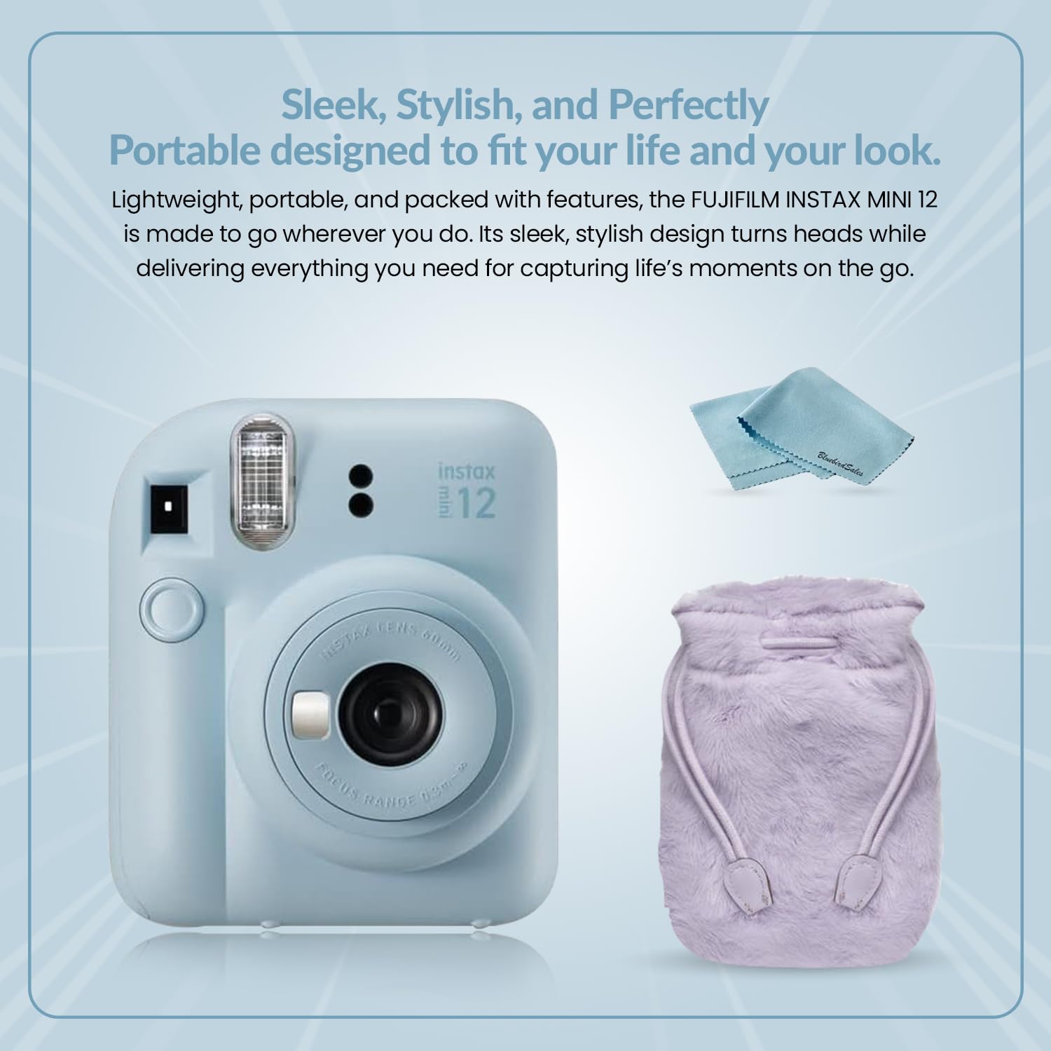 FujiFilm INSTAX Mini 12 Instant Camera (2024 Model) - Pastel Blue Holiday Bundle with 4 AA Batteries & Microfiber Cleaning Cloth | Perfect for Travel, Parties, and Memory Keeping