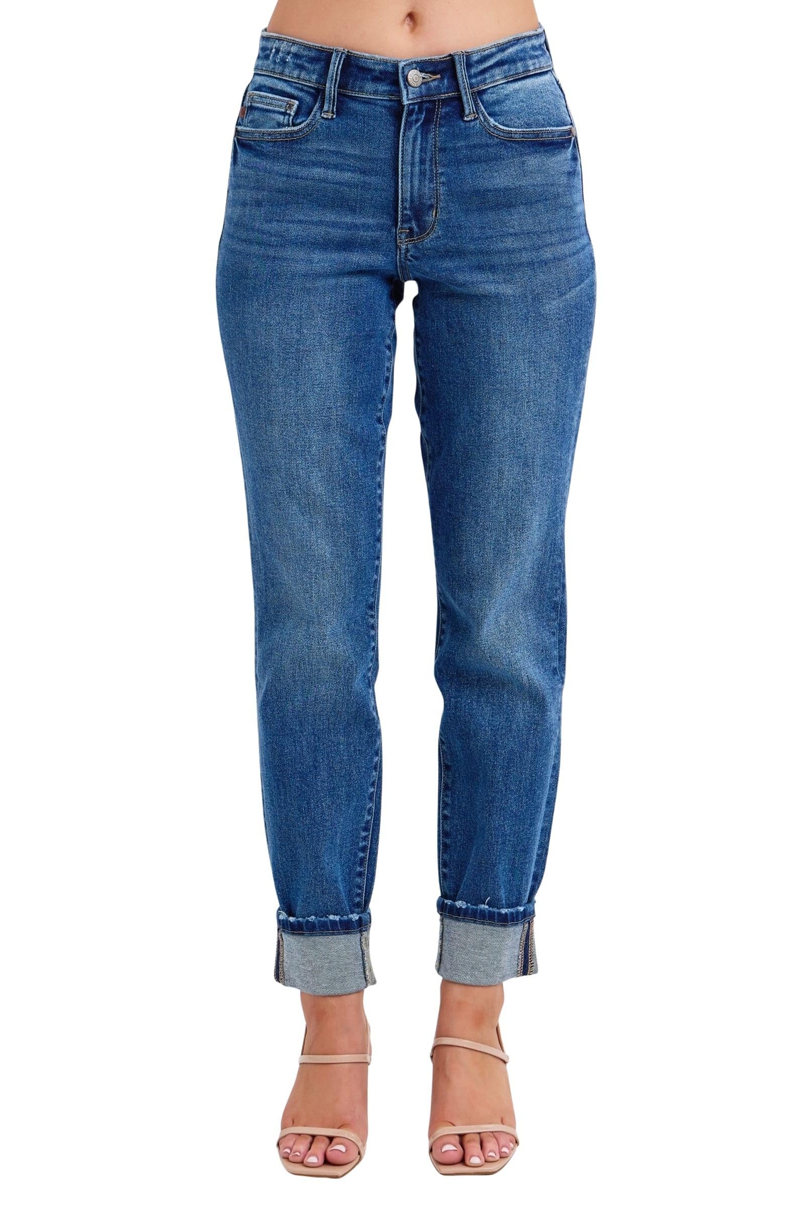 Judy Blue Women's Mid-Rise Vintage Wash Cuffed Boyfriend Jeans - Comfortable Distressed Denim Pants for Casual Outfits & Everyday Wear