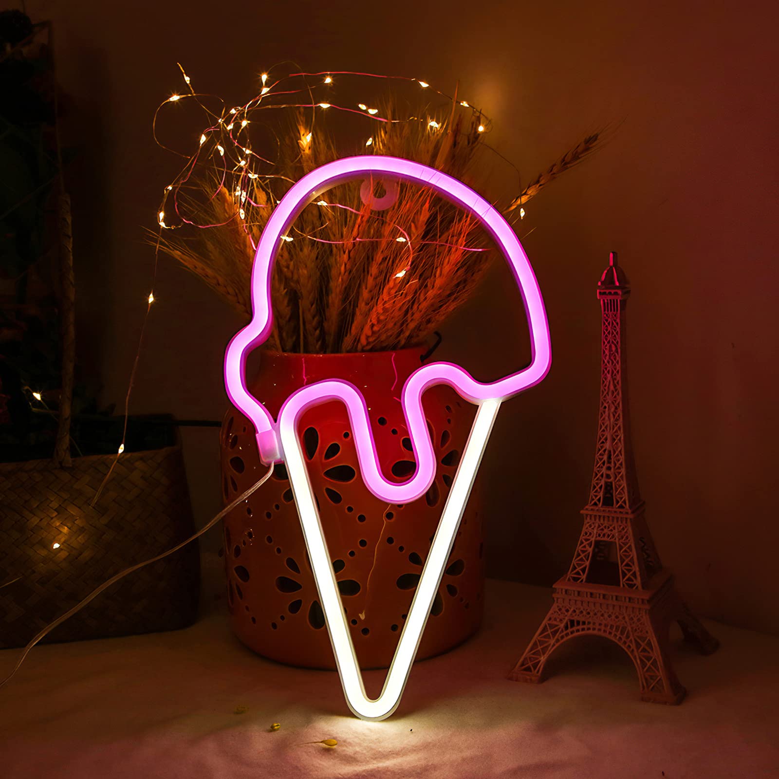Vibrant CAMPSLE Ice Cream Neon Sign - LED Neon Lamp for Unique Room Decor | USB & Battery Powered Art Night Light for Home, Bedroom, Office & Party | Perfect for Ice Cream Shops, Teen Rooms & Retro Themed Events