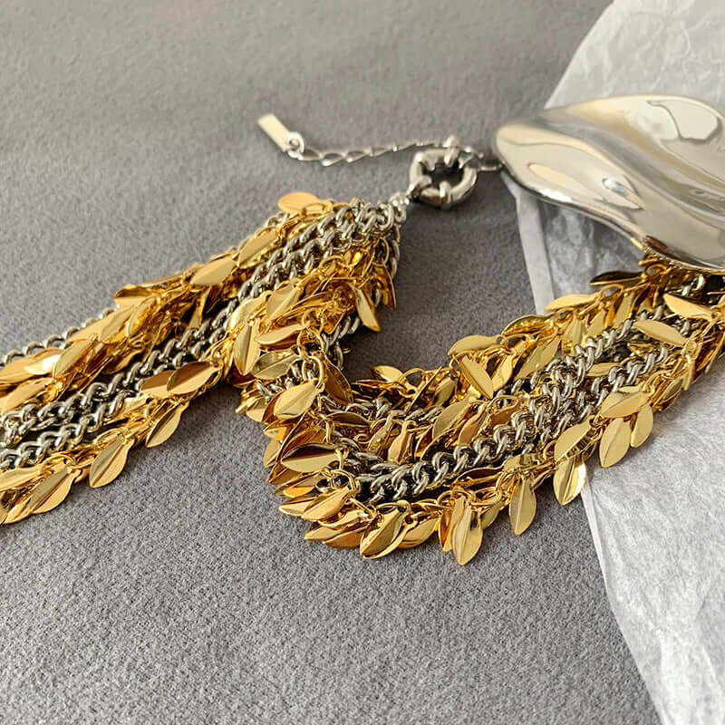 Exaggerated Metallic Two-Tone Leaf Statement Bracelet - Elegant Boho Jewelry for Women | Perfect for Parties, Weddings & Everyday Wear | R099