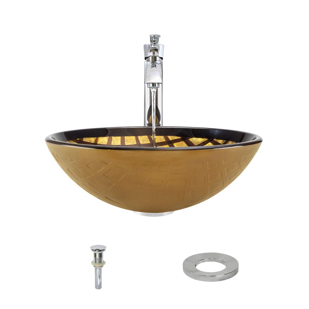 Gold & Brown Foil Glass Vessel Bathroom Sink with Chrome Faucet & Pop-Up Drain - Modern Vanity Basin for Powder Room, Guest Bath, or Master Suite