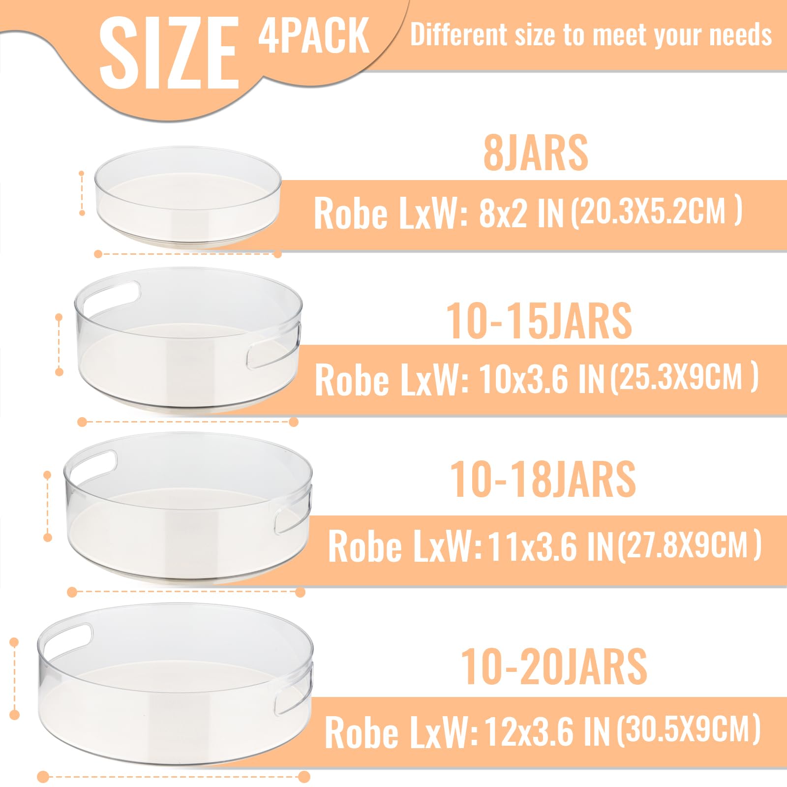 4 Pack Lazy Susan Turntable Organizer - 8/10/11/12 Inch Non-Slip Spinning Shelf with Handles for Kitchen Cabinets, Pantry, Refrigerator, Bathroom & Vanity | Space-Saving Storage Solution for Spices, Cosmetics & Kitchen Essentials