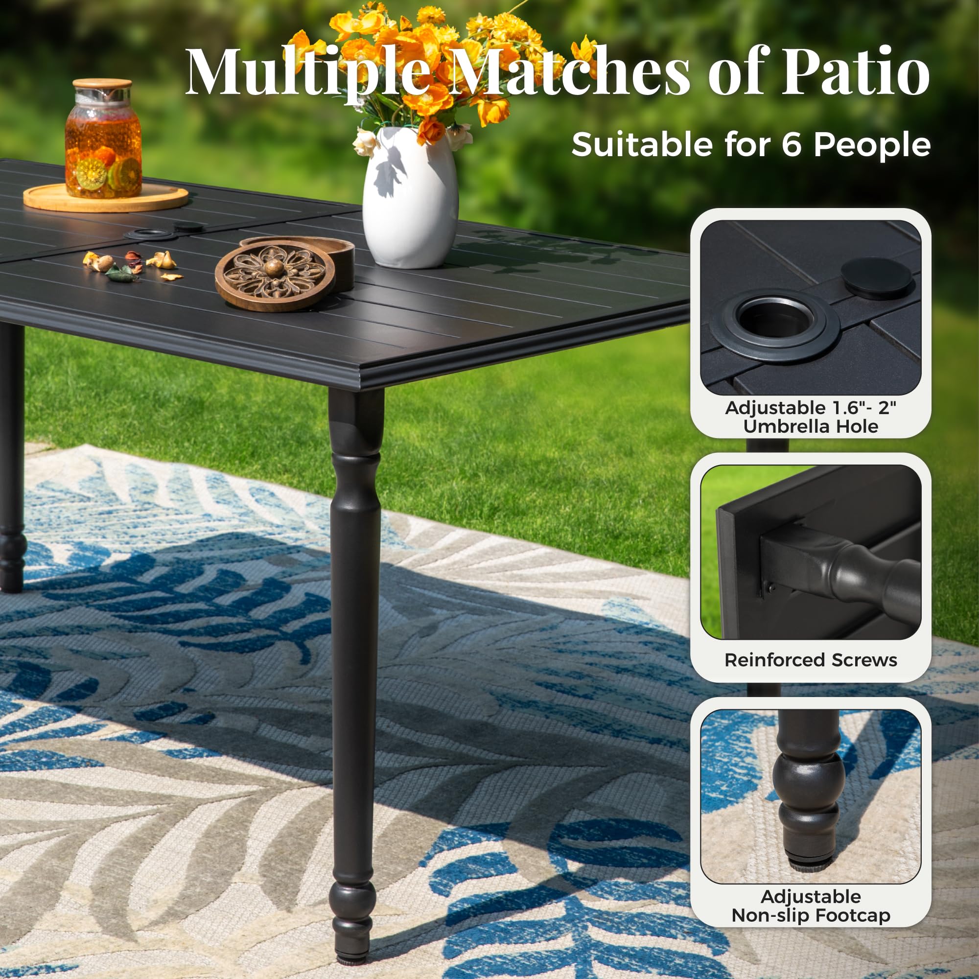 6-Person Outdoor Patio Dining Table with Umbrella Hole - Durable Metal Rectangle Table for Lawn, Garden, Backyard & Porch | Perfect for Summer BBQs, Poolside Gatherings & Al Fresco Dining