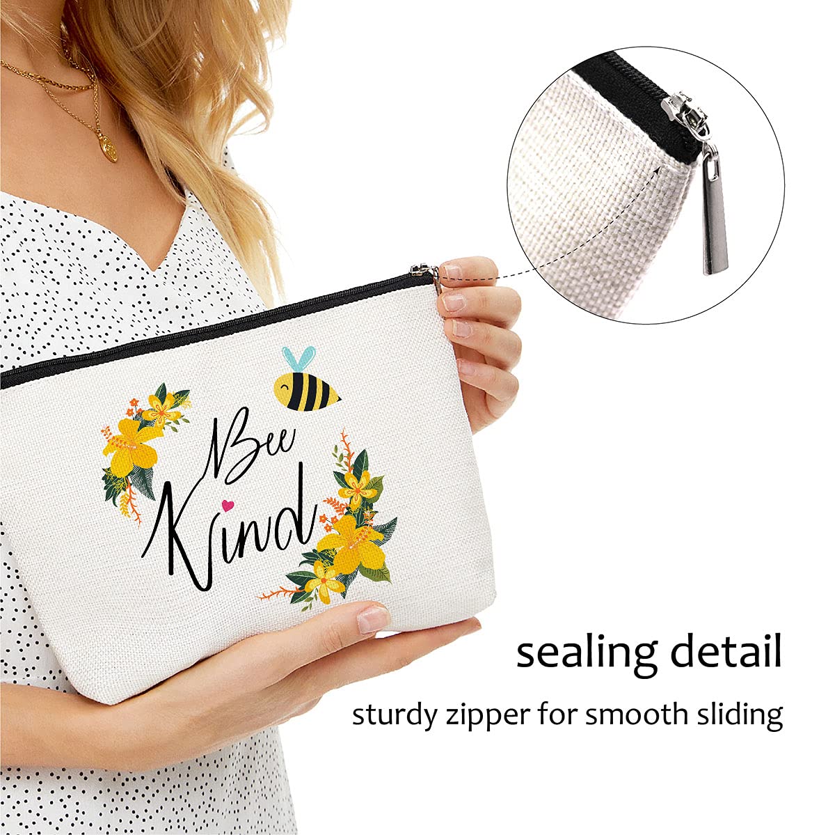 Bee Kind Inspirational Gifts for Women - Beekeeper & Gardener Present, Honeybee Themed Makeup Pouch & Cosmetic Bag - Perfect for Beekeeping Supplies, Gardening Tools or Daily Essentials Organization