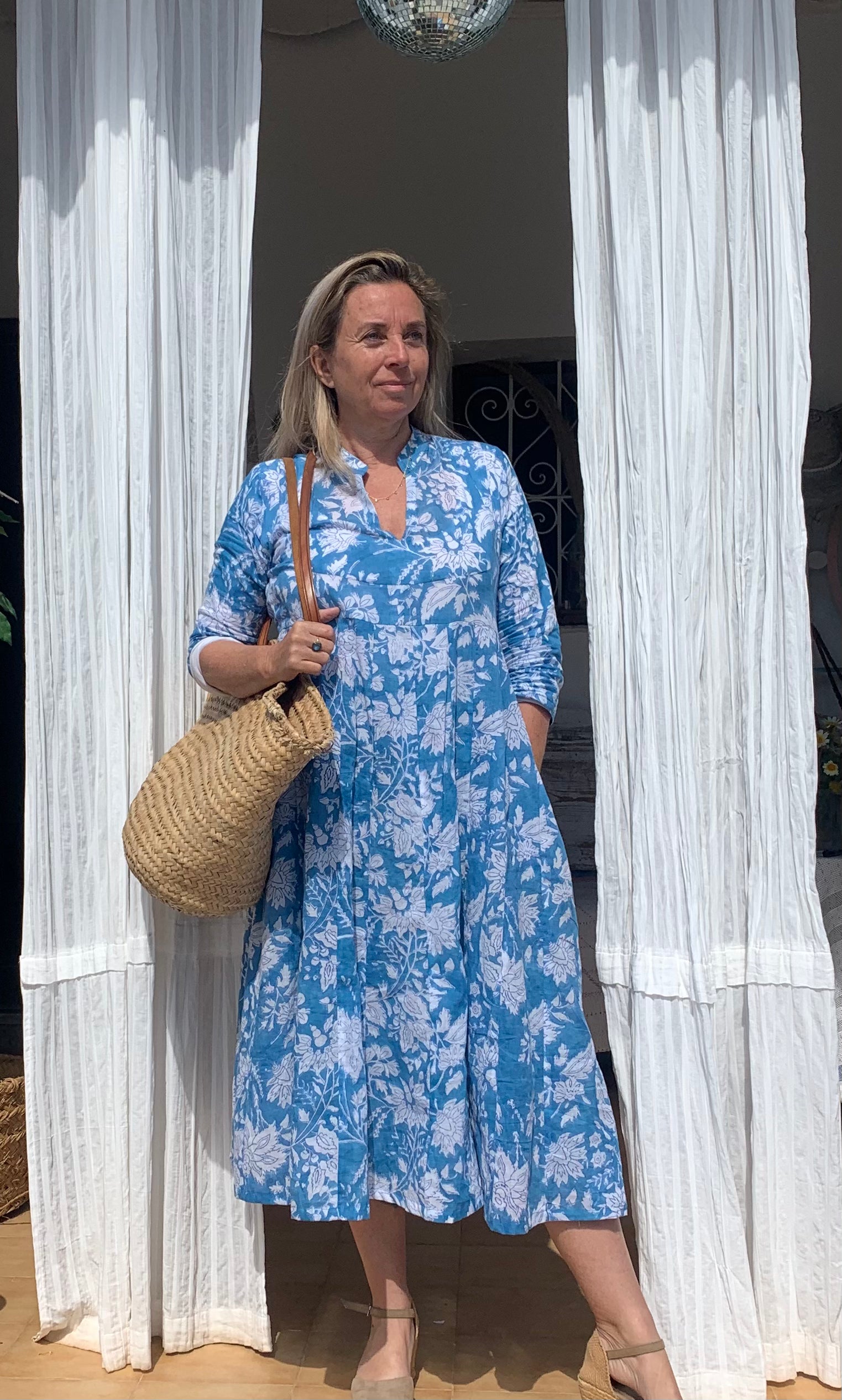 Anarkali Ibiza Blue Hand Block Print Boho Tunic Kaftan Dress - Perfect for Beach Vacations, Summer Parties & Boho Chic Outfits