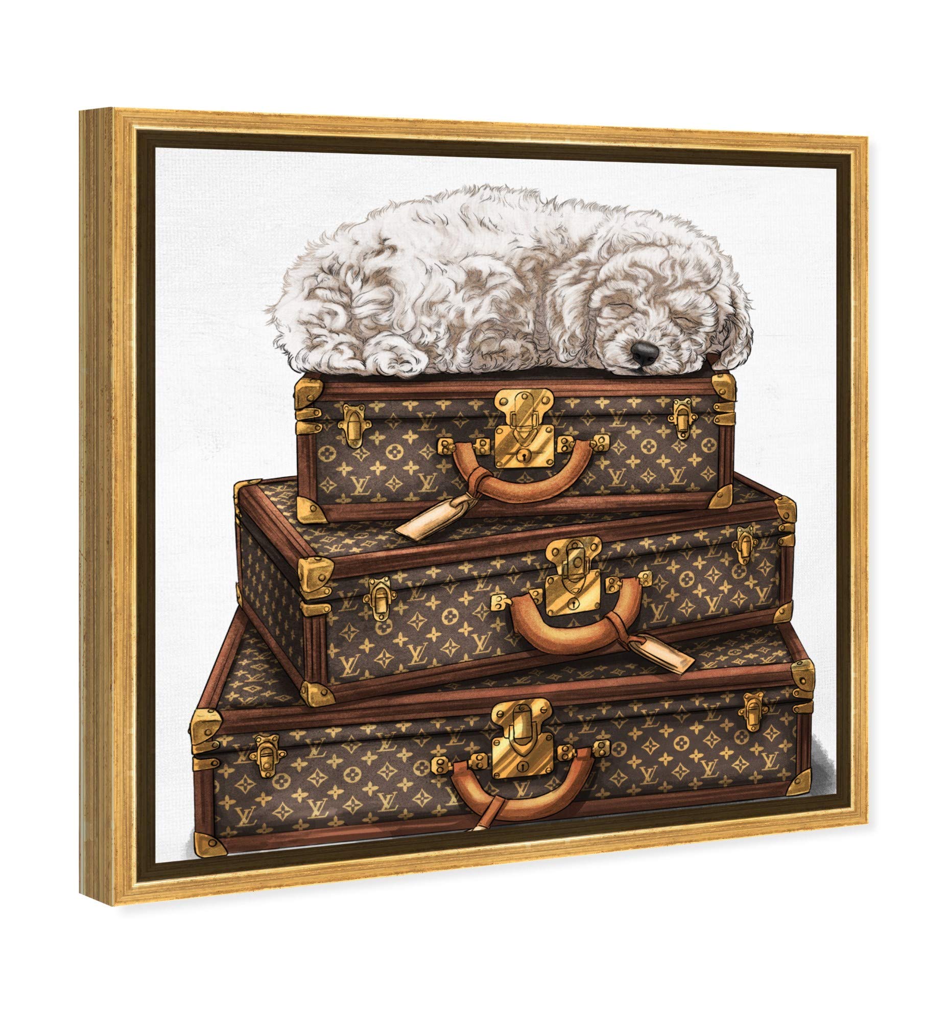 Oliver Gal Artist Co. Framed Wall Art Canvas Print - Sleeping Poodle White - 30x30 Inches Brown & Gold - Fashion Glam Home Decor for Living Room, Bedroom & Office