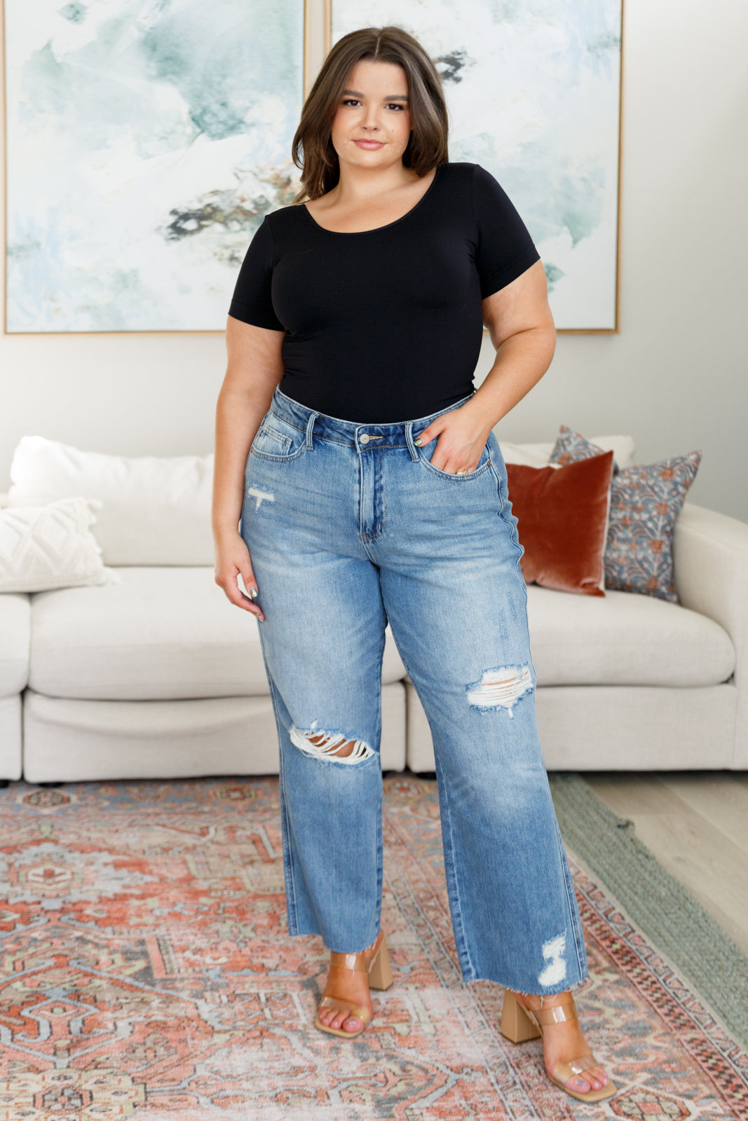 Nora High Rise Rigid Magic Destroy Slim Straight Jeans for Women - Stretch Denim Pants with Comfortable Fit, Perfect for Casual Wear, Office & Night Out