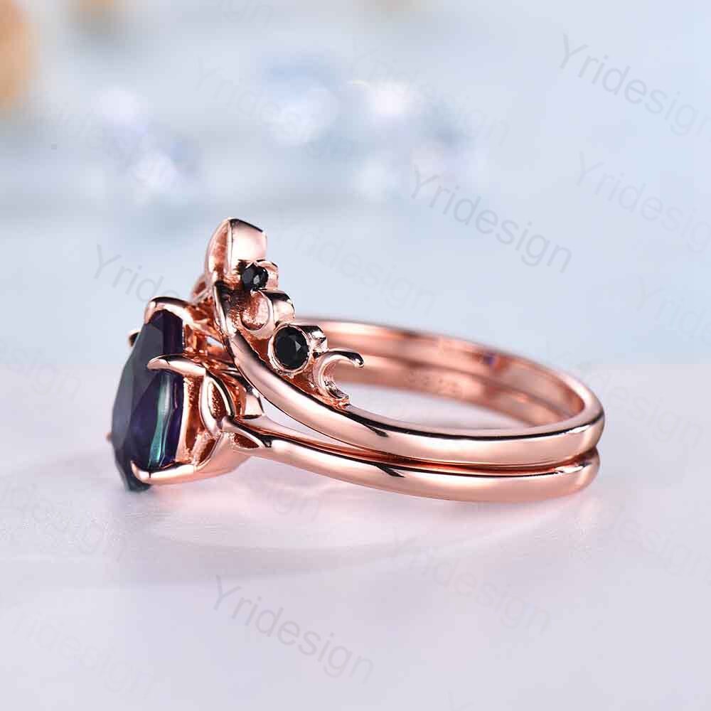 Celtic Knot Norse Viking Alexandrite Engagement Ring Set - Unique Pear Alexandrite Wedding Ring with Curved Black Spinel Matching Band Bridal Jewelry | Perfect for Celtic Weddings, Viking-Themed Proposals & Anniversary Gifts