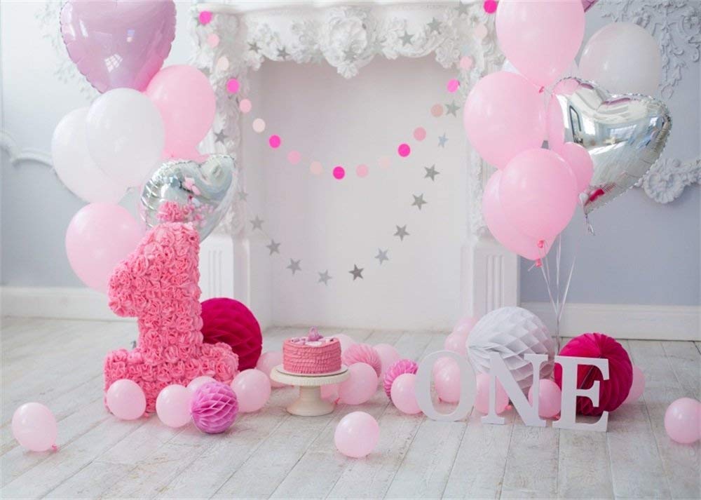 Leowefowa 7x5ft Pink Balloons & Paper Flowers Backdrop for Baby Girl's 1st Birthday Party - Photography Background, Cake Smash Photo Studio Props - Perfect for First Year Celebrations, Birthday Decorations & Photo Shoots