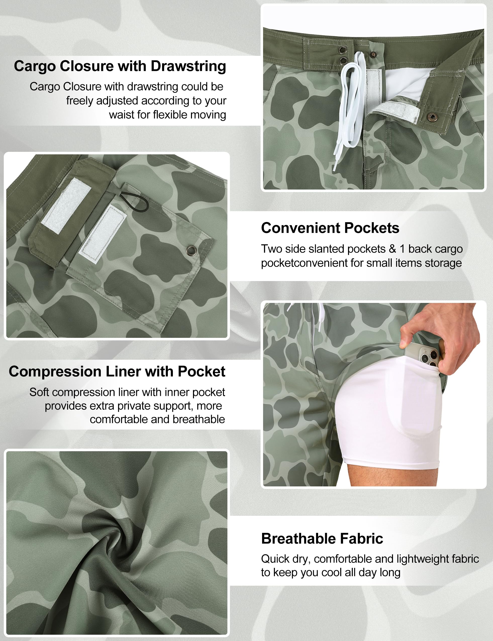 **Men's Quick-Dry Swim Trunks with Compression Liner - 2-in-1 Cargo Board Shorts with Pockets for Swimming, Surfing & Beach Activities**