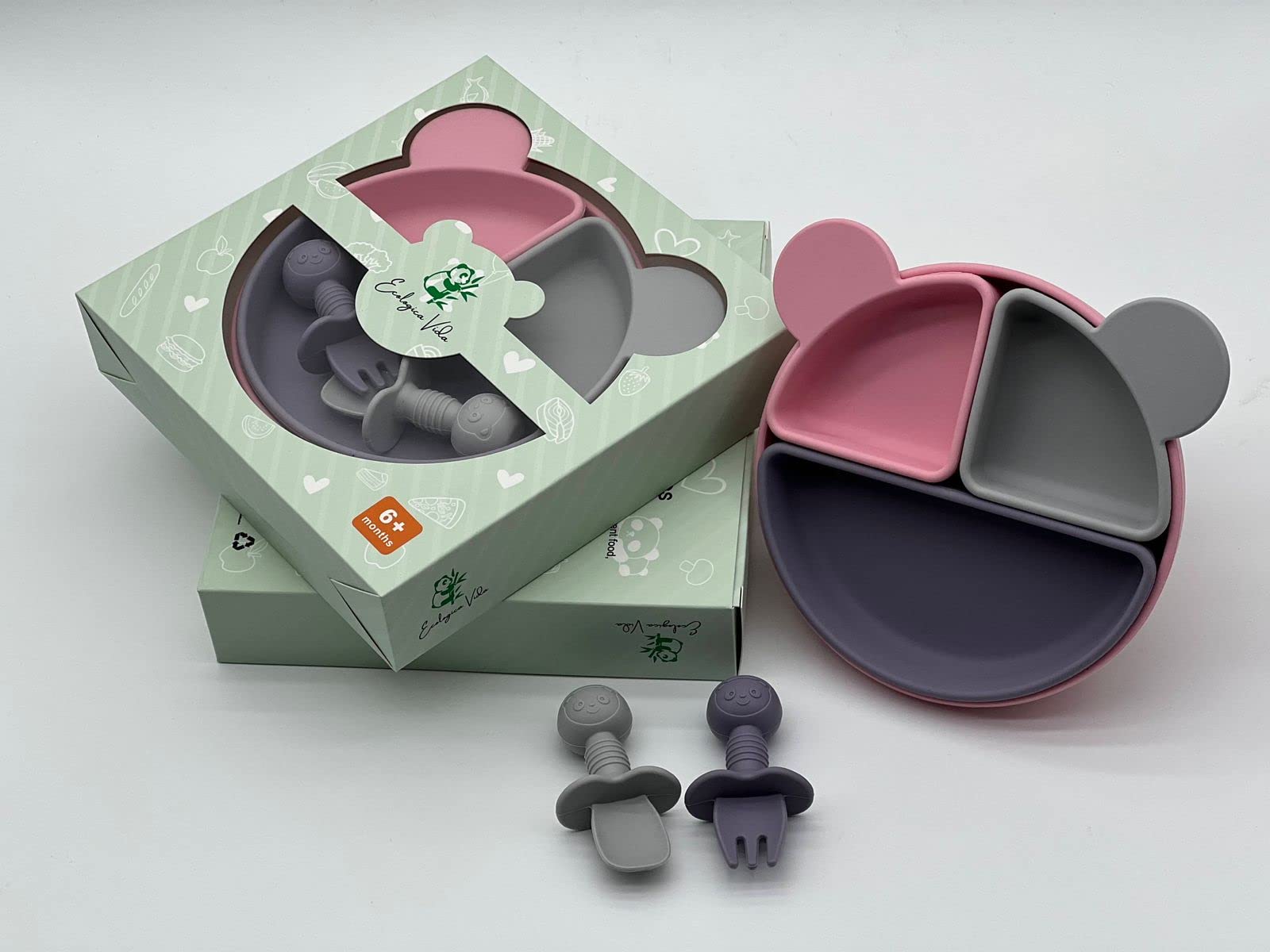 MIX COLOR SILICON BABY FEEDING SET - Baby Led Weaning Supplies, Toddler Eating Utensils, Soft Spoon & Bowl for Infants (Pink Grey Purple) - Perfect for Home, Travel & Daycare