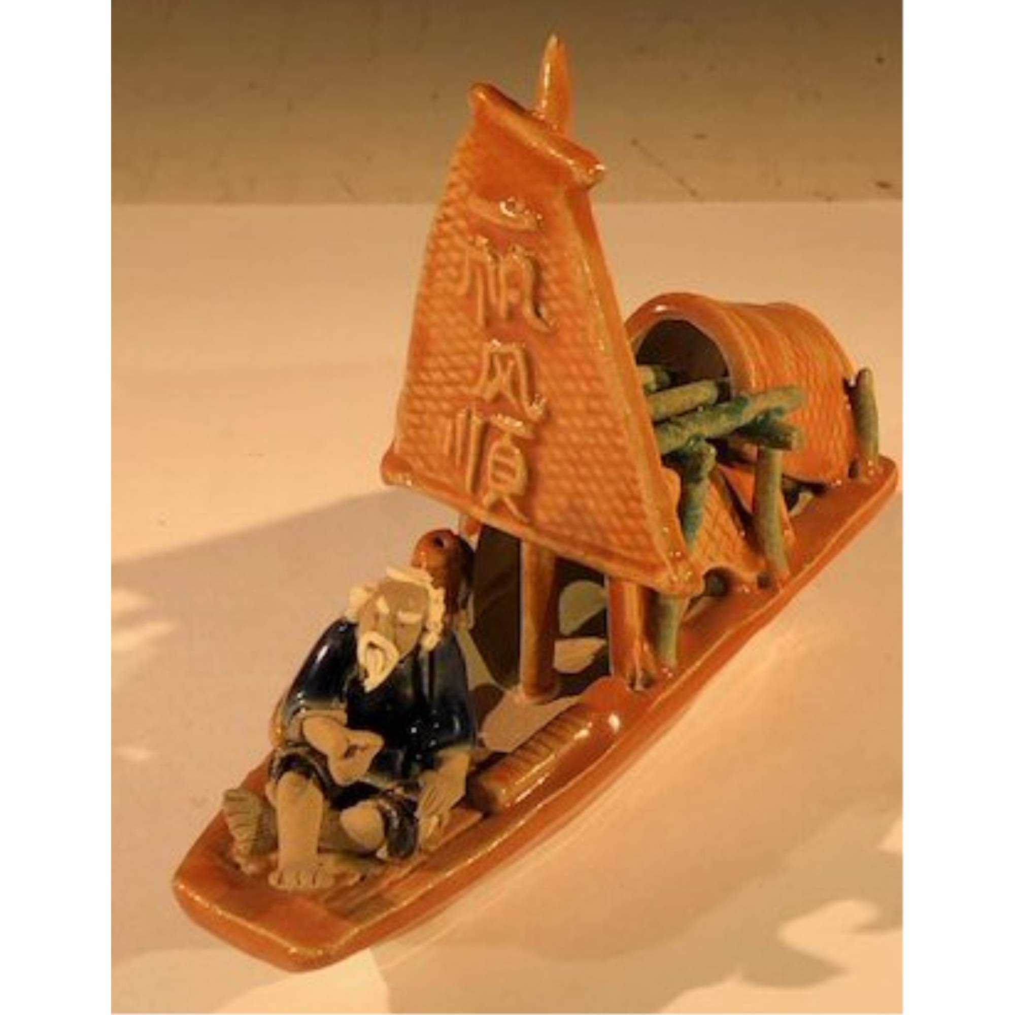 Handcrafted Large Glazed Sampan Boat Figurine - Chinese Fisherman Statue Home Decor for Living Room, Office & Gift