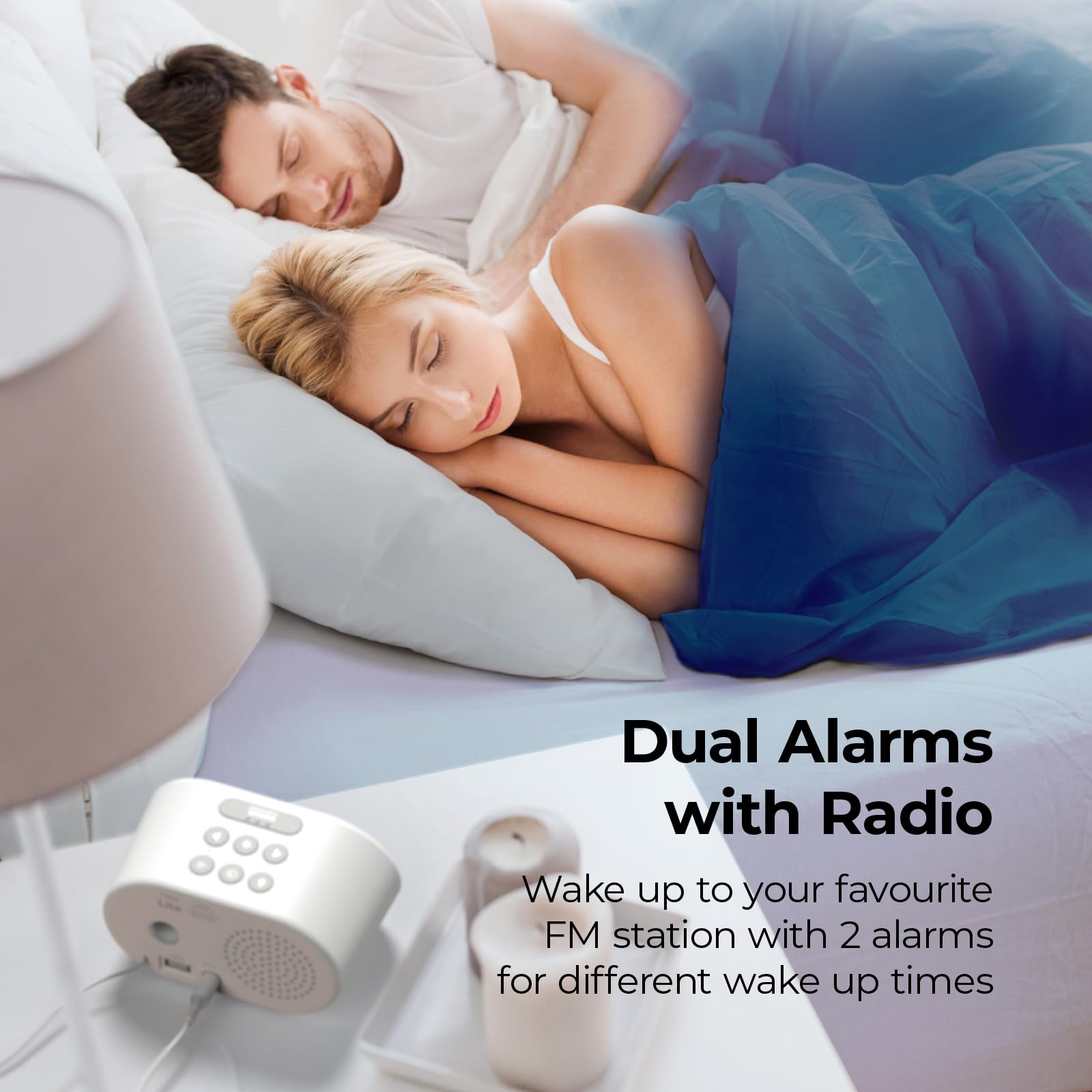i-Box Digital Alarm Clock with FM Radio, USB Charging Port & Adjustable Brightness - Battery or Mains Powered, Silent Non-Ticking Operation, White LED Display for Bedroom, Office, Travel & Nightstand Use
