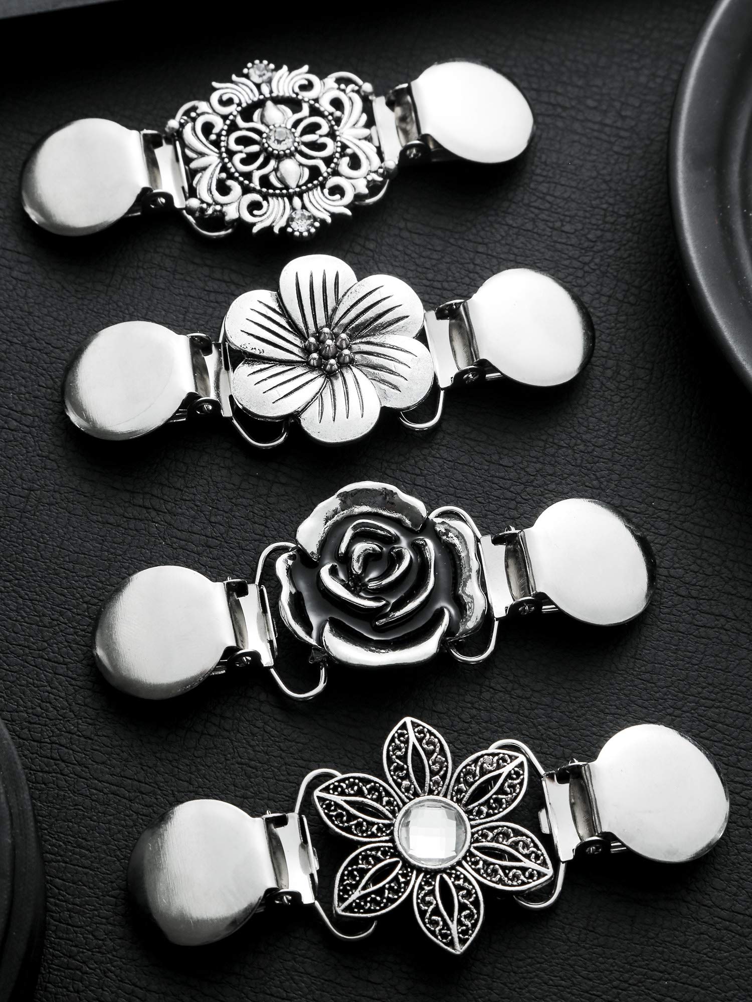 Vintage Sweater Shawl Clips for Women - 4 Piece Set with Retro Cardigan Collar & Dress Shirt Brooch Clips - 4 Elegant Styles for Layering Outfits, Office Wear & Special Occasions