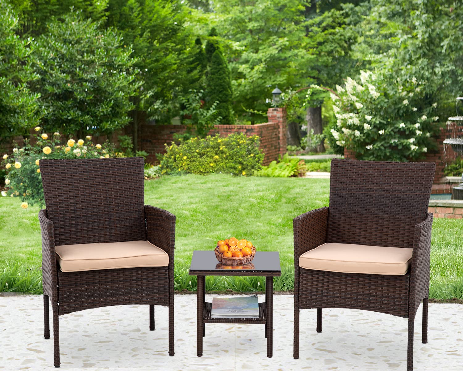 3-Piece Wicker Patio Furniture Set - Outdoor Rattan Chairs & Table for Backyard, Porch, Poolside or Lawn - Brown Conversation Bistro Set for Relaxing & Entertaining