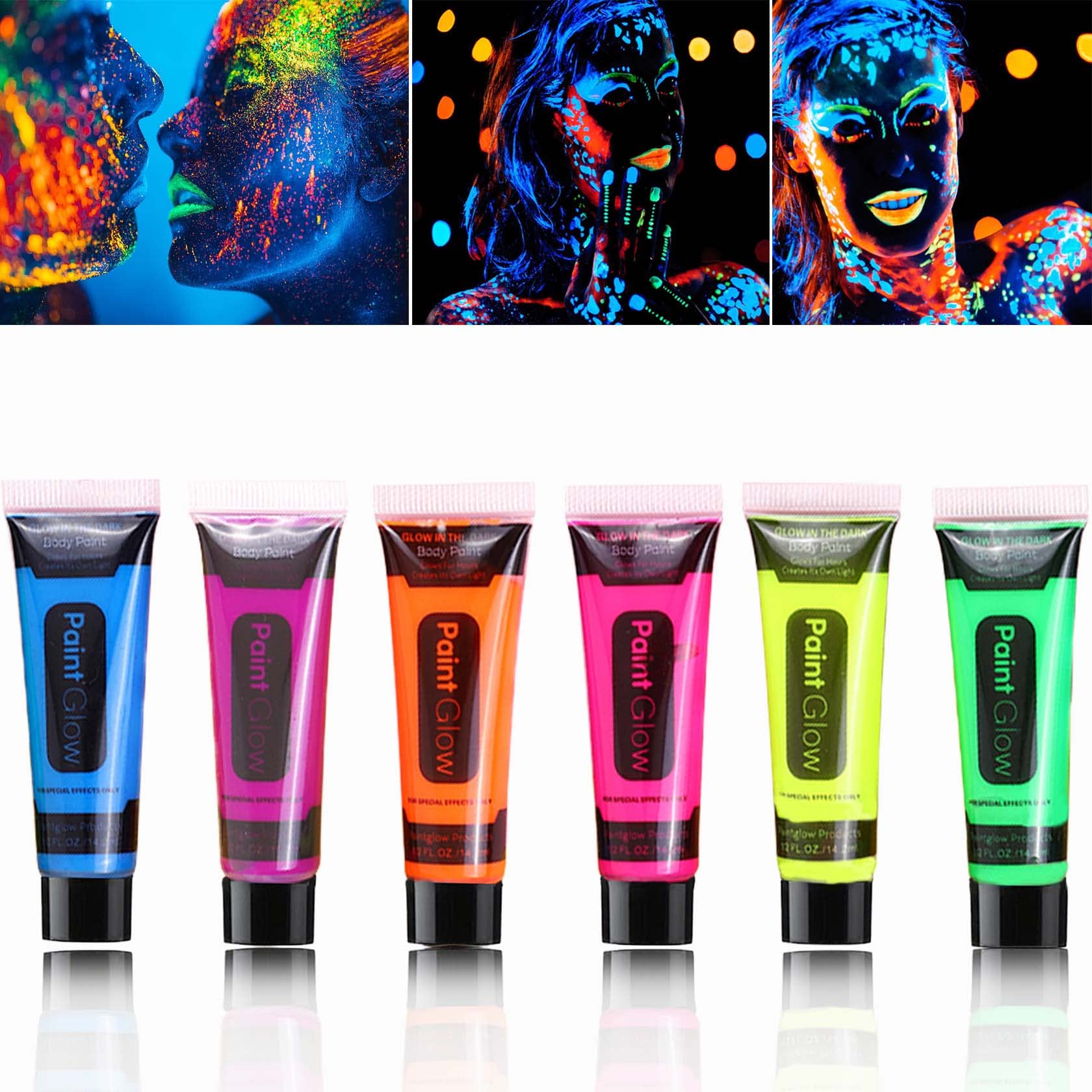 6 Pack Glow in the Dark Face & Body Paint Set - Blacklight Reactive Neon Paint for Halloween, Raves & Parties - Washable UV Body Makeup for Kids & Adults - Perfect for Costumes, Festivals & Night Events