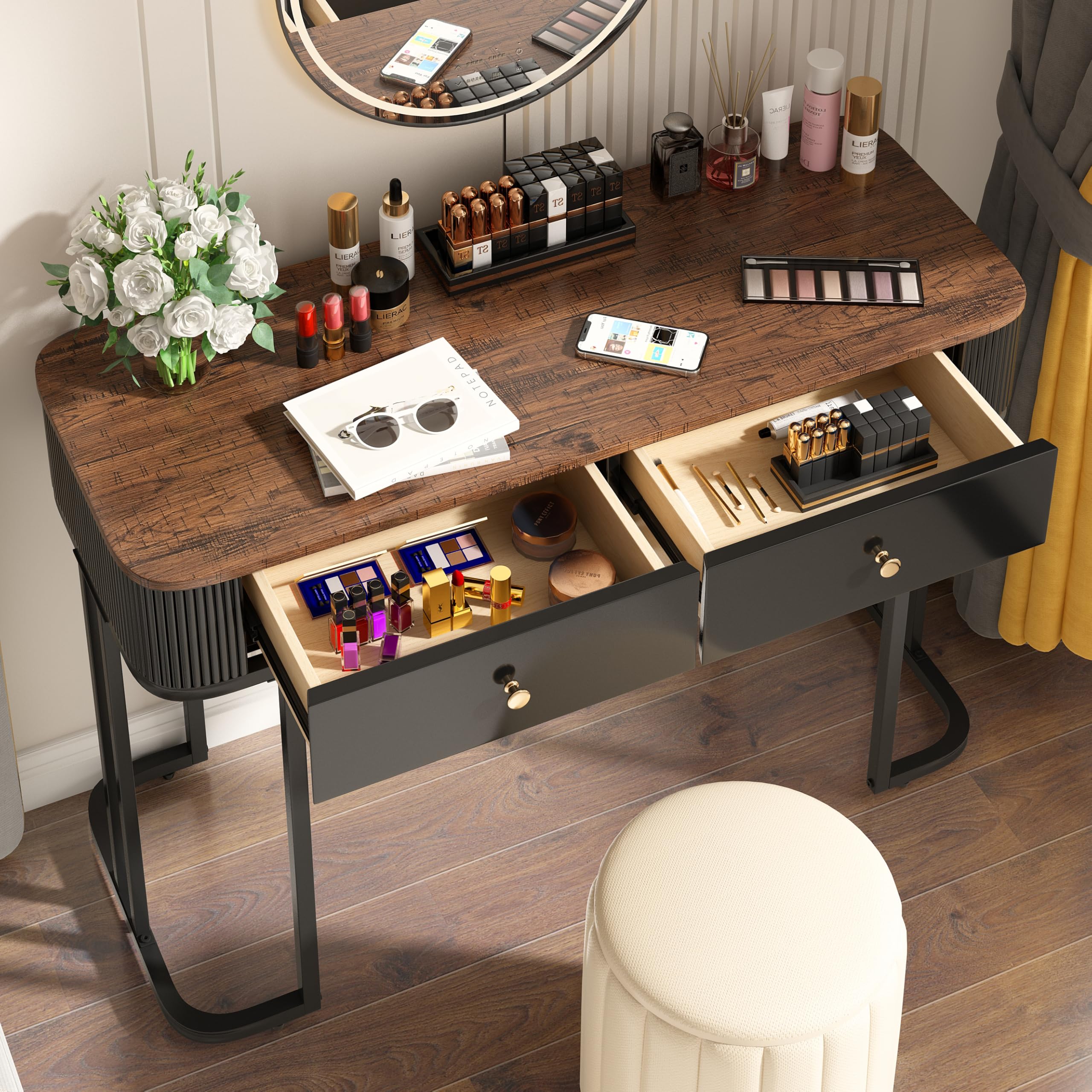 Modern OIOG Console Table with 2 Drawers - Wood Grain Sofa Table for Entryway, Living Room & Bedroom - Multi-Functional Storage Desk as Makeup Vanity or Small Computer Workstation (Brown/Black) - Perfect for Small Spaces, Apartments & Home Offices