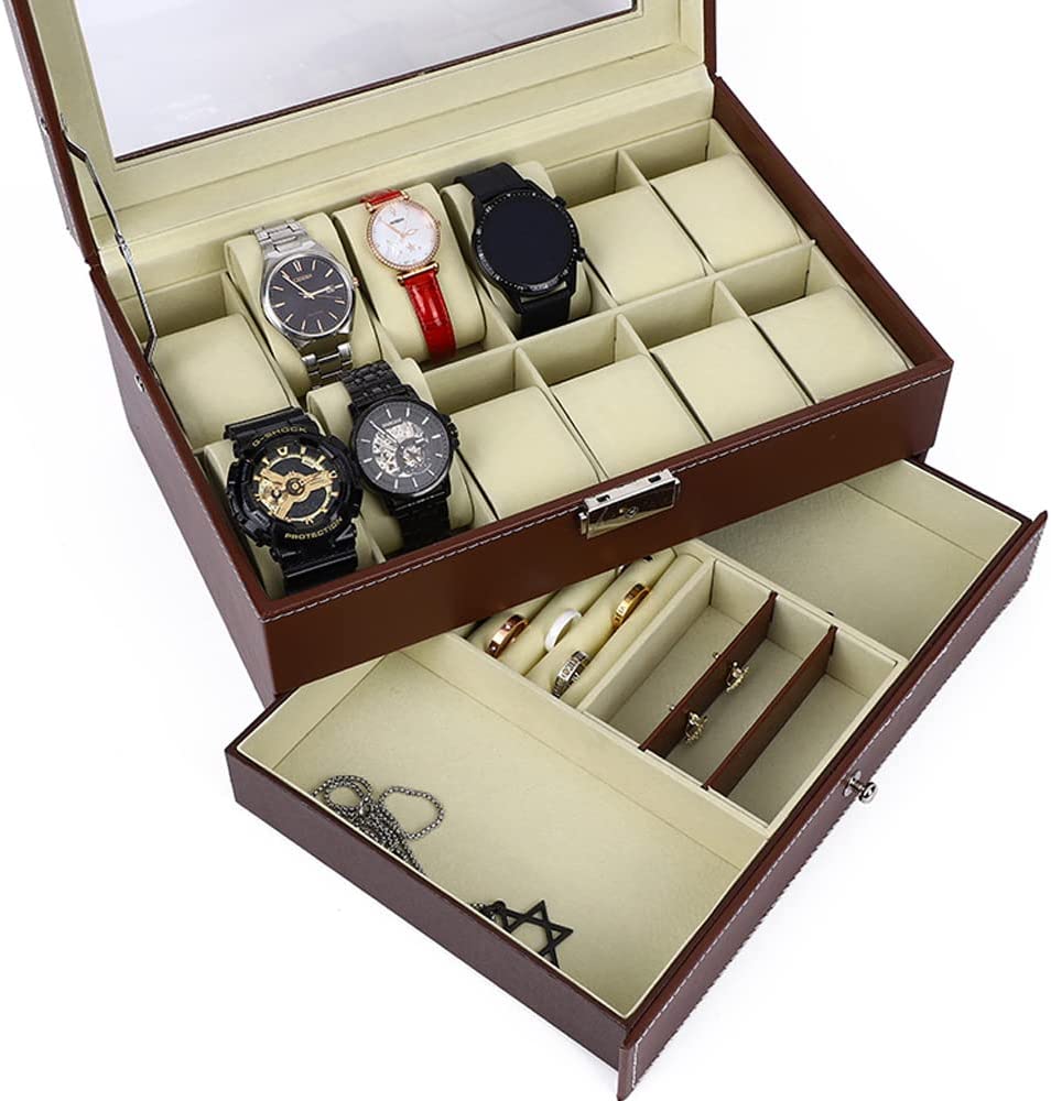 12-Slot PU Leather Lockable Watch and Jewelry Organizer Box - Brown | Secure Storage for Luxury Watches, Rings & Necklaces | Perfect for Travel, Home & Gift Giving