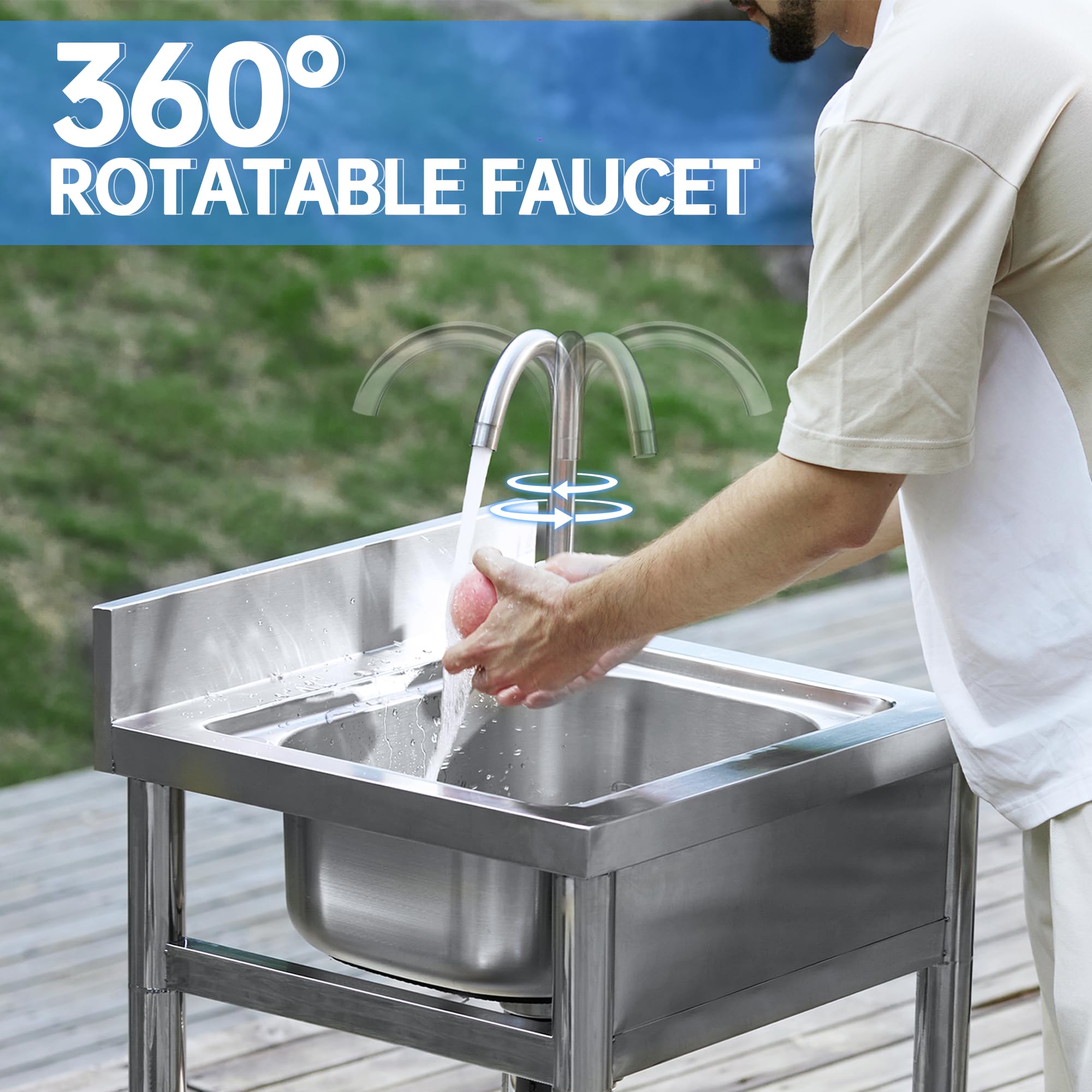 Premium Stainless Steel Kitchen Sink with Hot & Cold Water Pipes - Freestanding Single Bowl Sink with Storage Shelves (21.7 Inch) - Ideal for Home Kitchens, RV Camping & Outdoor Cooking - Perfect for Small Spaces, Tiny Homes, and Backyard BBQ Areas